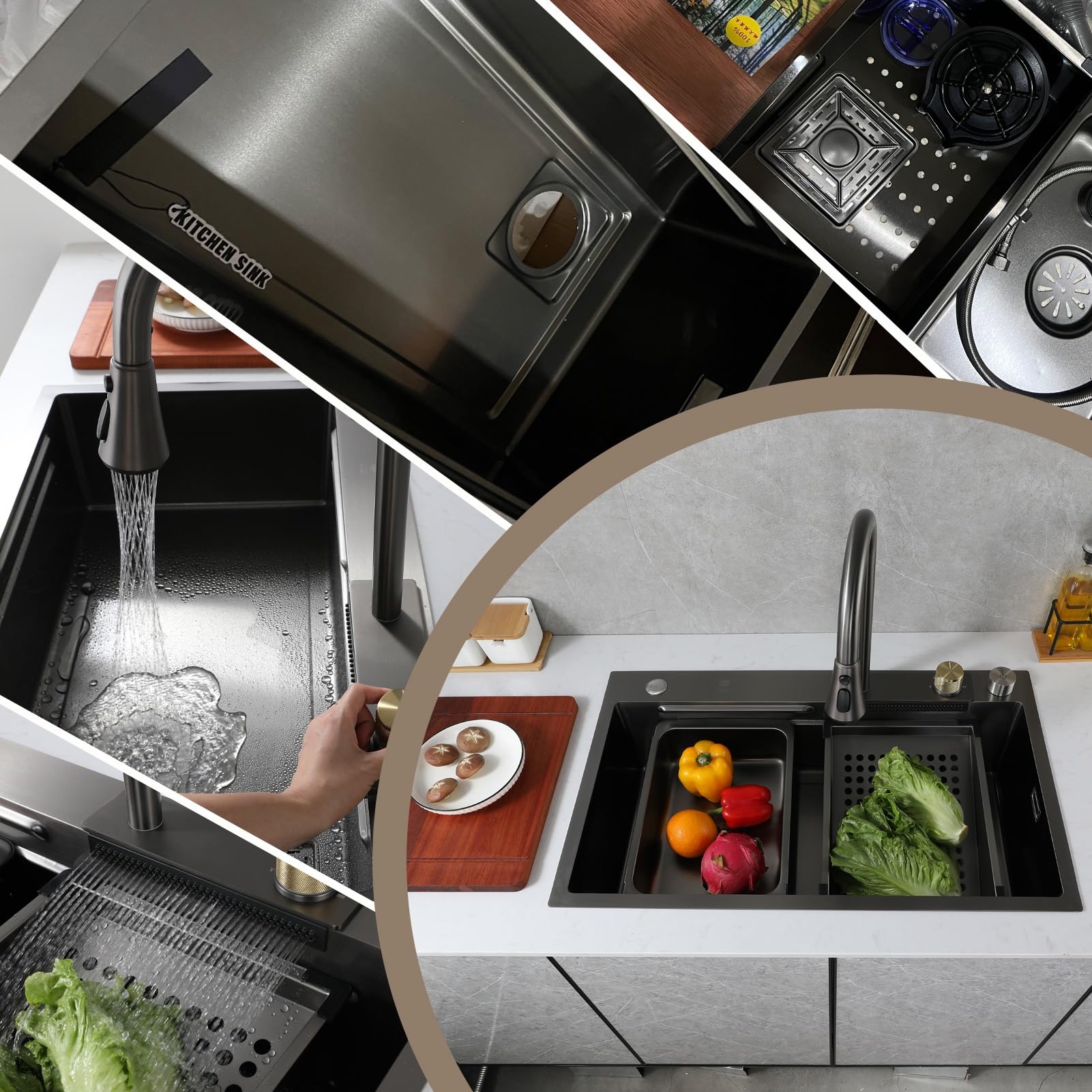 Fregadero de cascada, 1 lavabo, rectangular, acero inoxidable cepillado, fregadero de cocina grande, fregadero de trabajo con grifo extensible, sifón, desbordamiento y desagüe