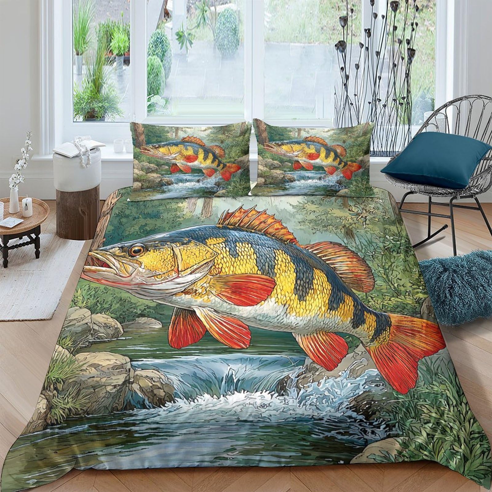 GPLZQXKJNH 3D Printed Vibrant Fish River Duvet Cover Microfiber Soft Breathable Stream Bedding Set with 2 Pillowcases for Bedroom Decor Single（135x200cm）