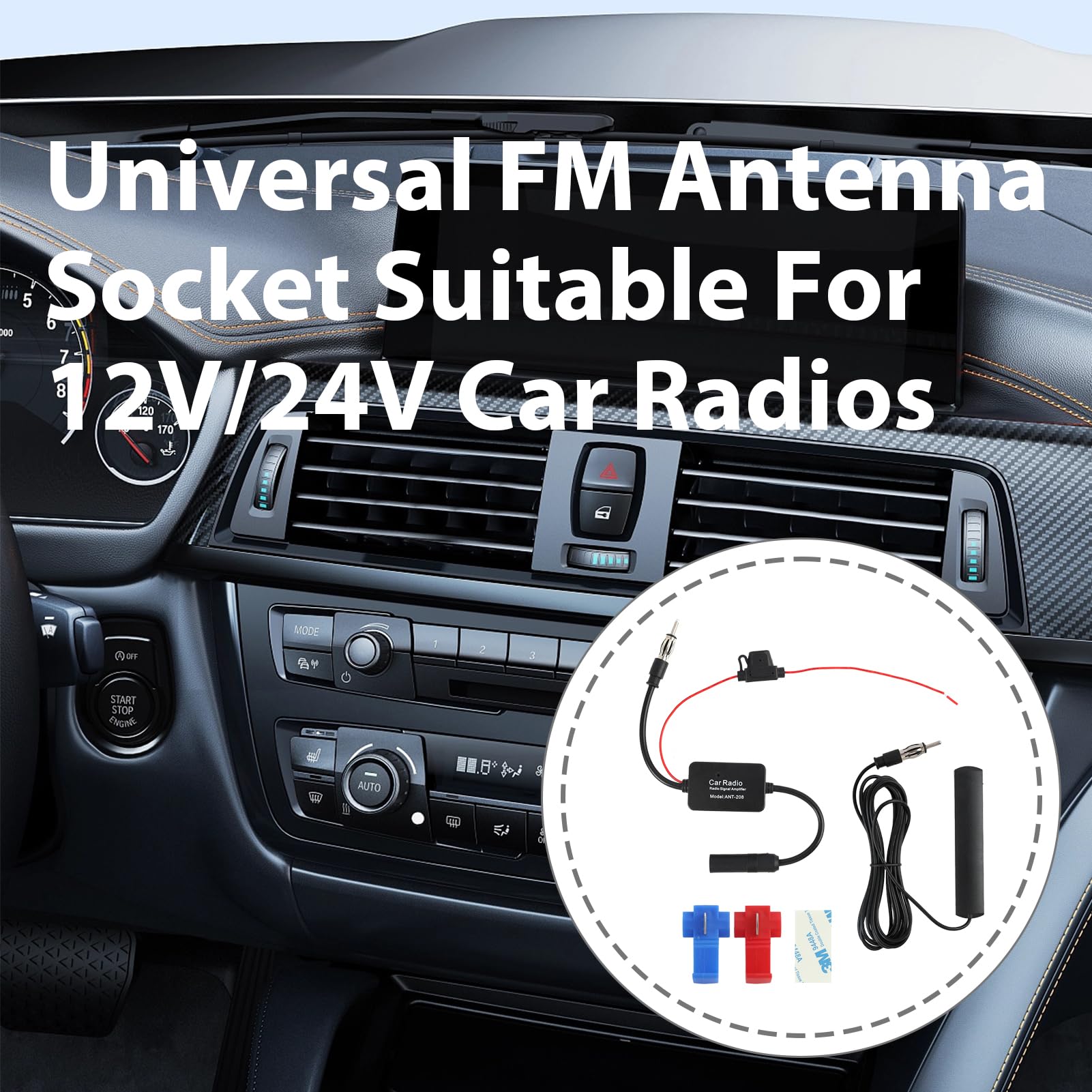 Antenna auto con amplificatore universale 12 V, autoradio FM AM DAB con cavo da 300 cm, amplificatore antenna auto con adattatore DIN e filtro rumore MMIC, antenna parabrezza, autoradio per auto