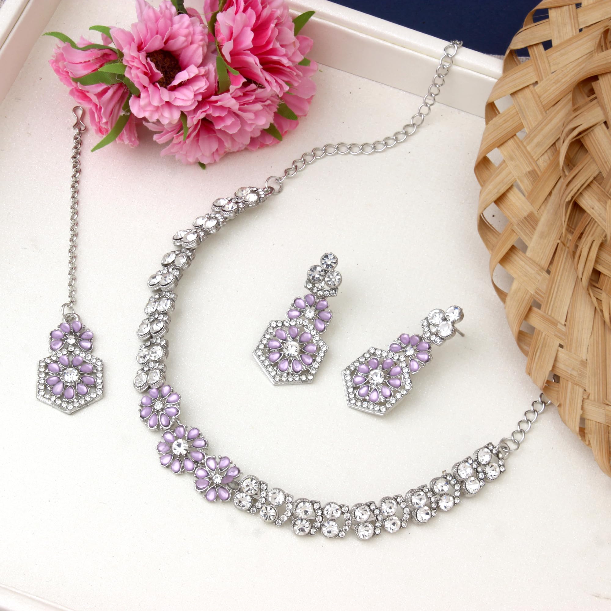 Atasi International Silver Plated Mint Purple Crystals AD Diamond Necklace Jewellery Set for Women, Girls for Wedding, Festive, Party, Special Ocassion (RPU5870)