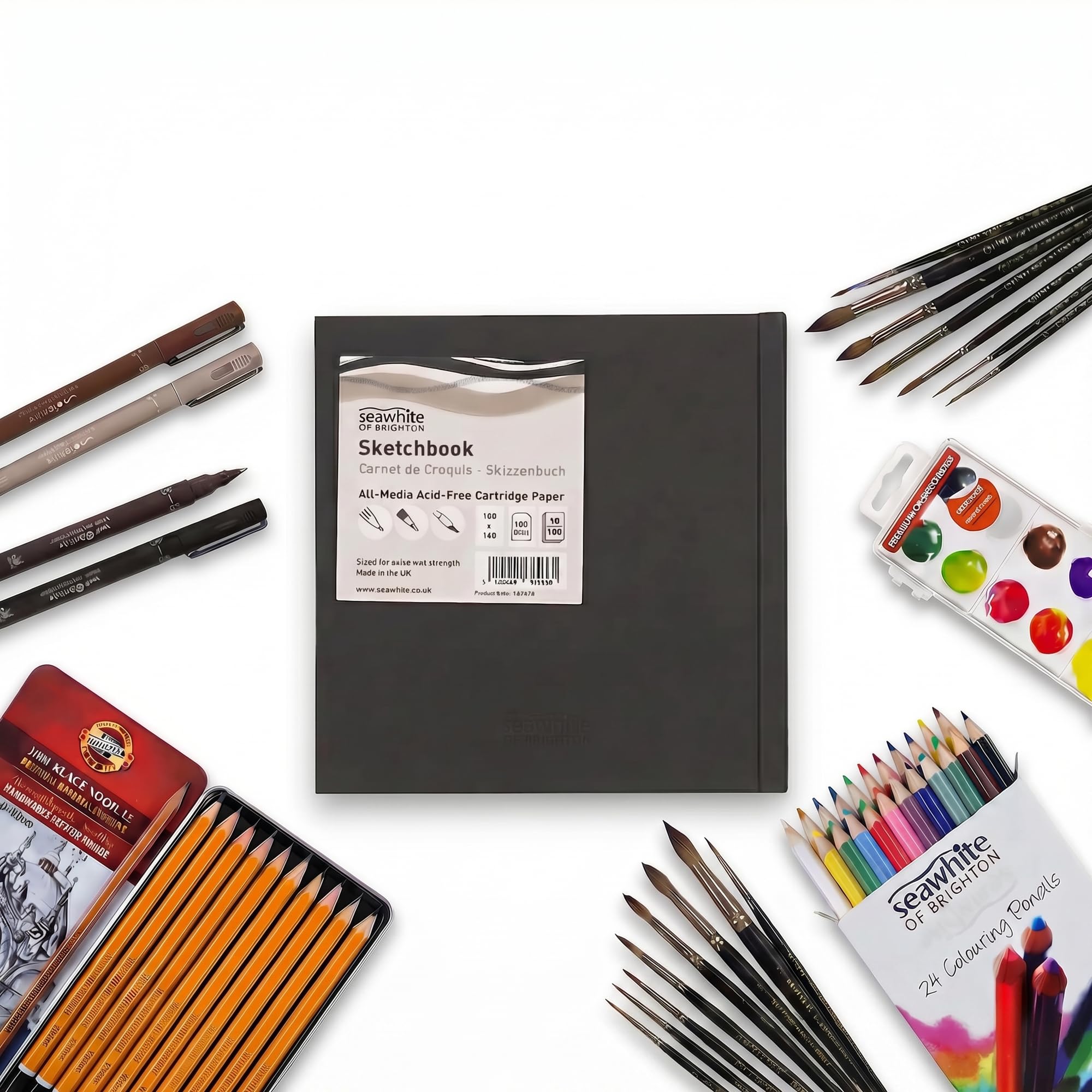 Seawhite of Brighton - Black Cloth Hardback Artists Sketchbook - 140gsm All-Media Square Drawing Pad 140x140mm - Professional Art Journal for Sketching, Painting & Mixed Media