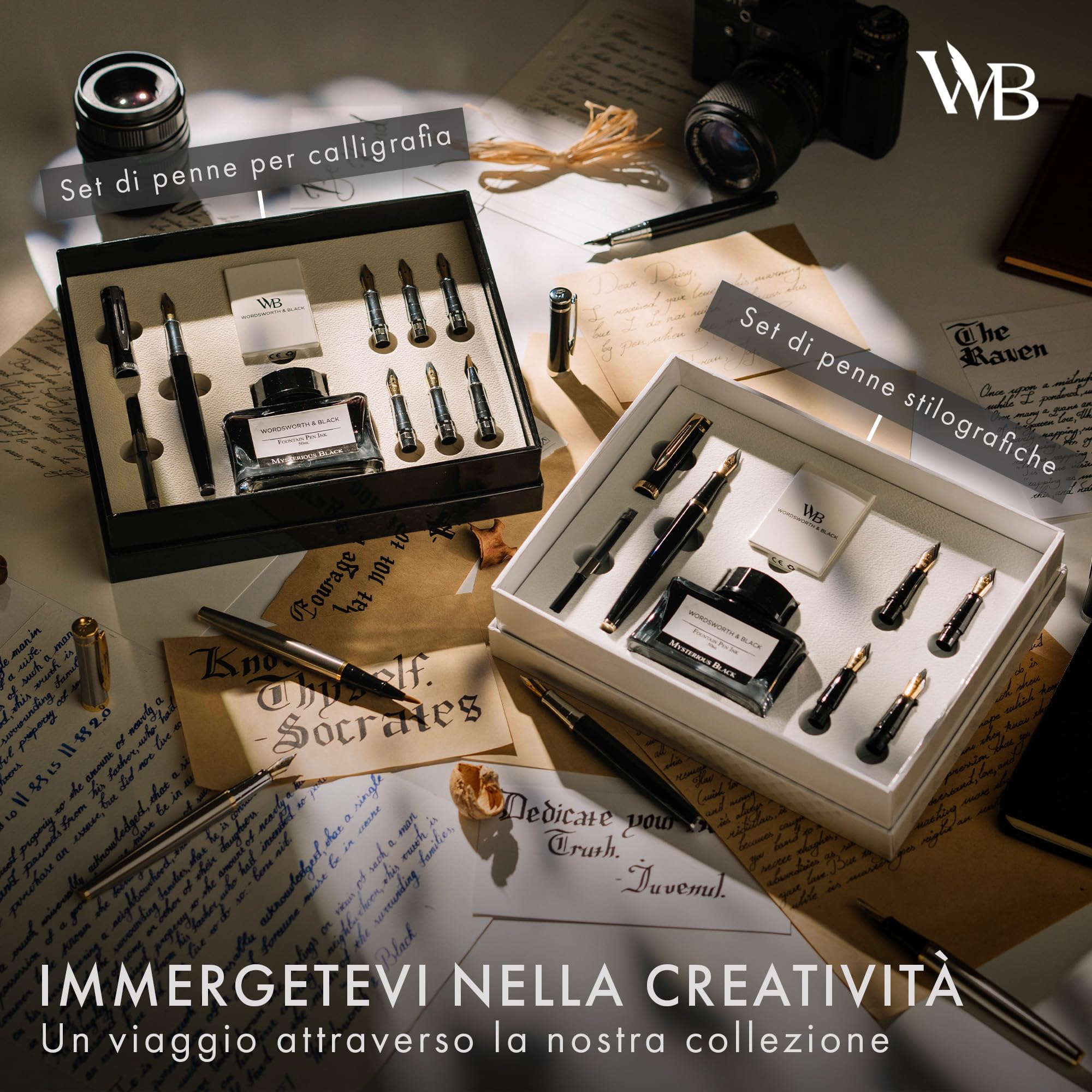 Wordsworth & Black Set Regalo Penna di Calligrafia, Include Bottiglia di Inchiostro, 6 Cartucce d'Inchiostro, Convertitore di Ricarica d'Inchiostro 6 Punte di Ricambio, Pacchetto Premium[Argento Oro]