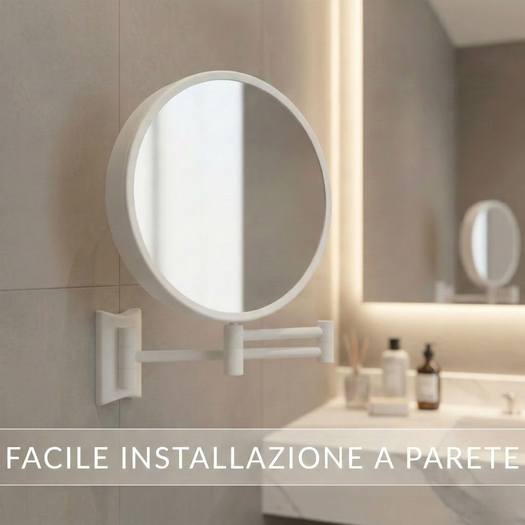 Imola Specchio Ingranditore da Parete – Specchio Trucco Girevole a 360° – Specchietto Bifacciale per Rasatura con Ingrandimento – Braccio Estensibile in Metallo, Ø 19 cm (Bianco 3x / 7x)