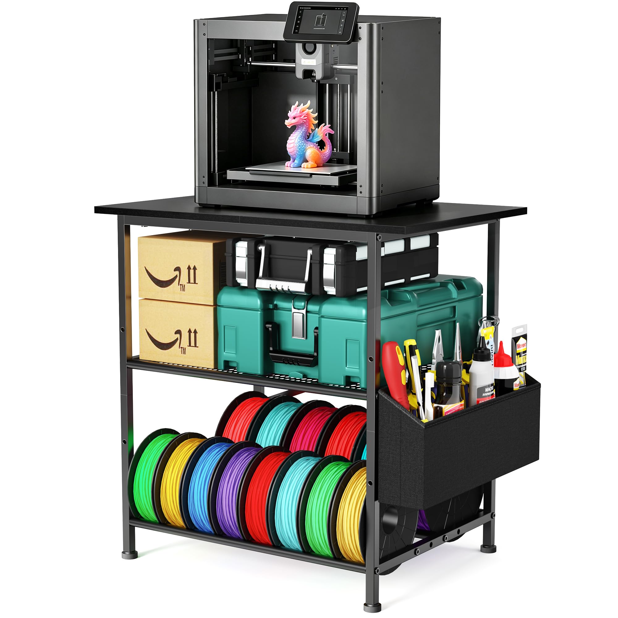 3 Niveaux Support Imprimante 3D, Meuble Imprimante avec bac de Rangement pour Fil et Poche Latérale, Support de Rangement pour Imprimante à Fixation Murale pour Bureau (Negro)