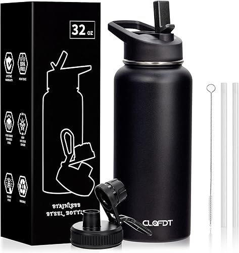 CLQFDT Botellas de agua de acero inoxidable con aislamiento al vacío de 32 onzas con tapas de popote y boquilla botella deportiva de doble pared a