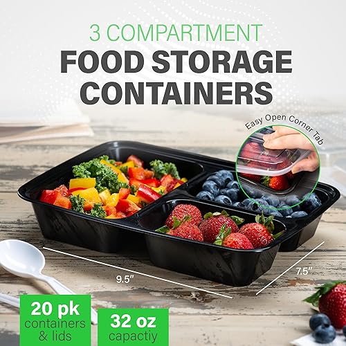 Miniatura 6 de EZ Prepa paquete de 20 3contenedores de 32 oz con tapa y compartimientos para comida preparadacontenedores durables y reutilizables de plástico sin