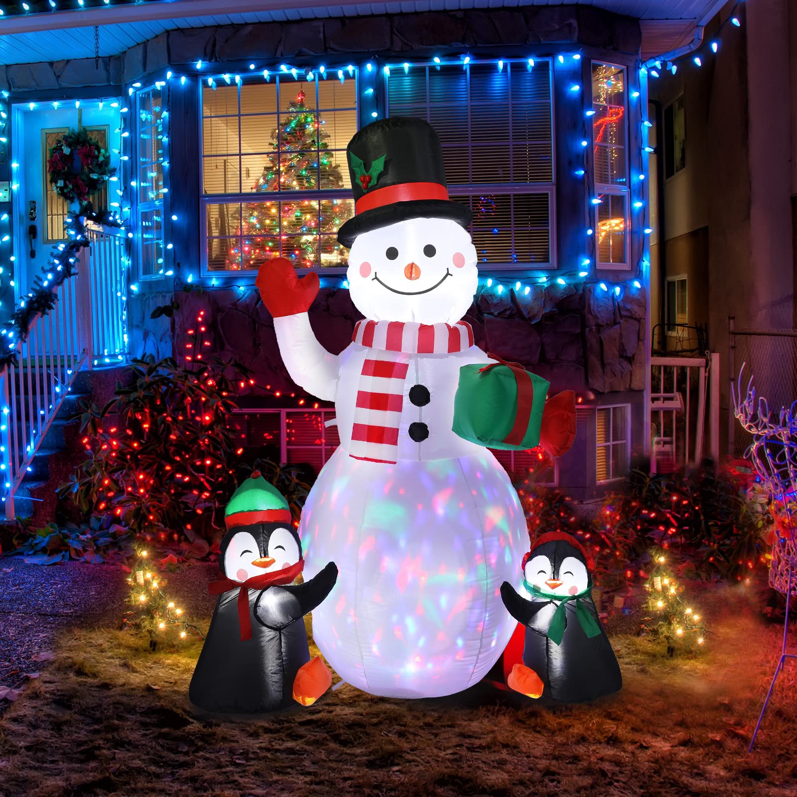 Skylety 6 Feet Christmas Inflatable Snowman and Penguins Colorful Rotating Led Lights Blow up Outdoor Yard Decoration Inflatable Xmas Blow Up Penguins for Garden Lawn Party Holiday Shopping Decor