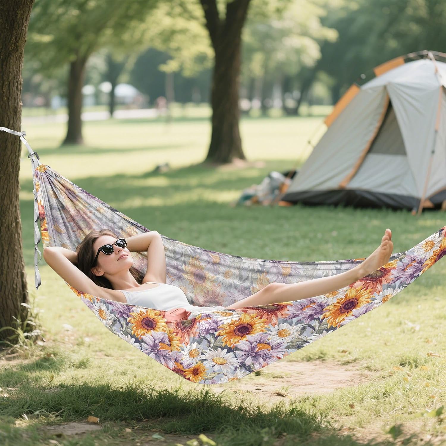 ALAZA Sunflower Floral Daisy Camping Hammocks Single or 2 Person 500 lbs Portable Parachute Travel Hammock w/Tree Straps for Hiking Backpacking Indoor Outdoor
