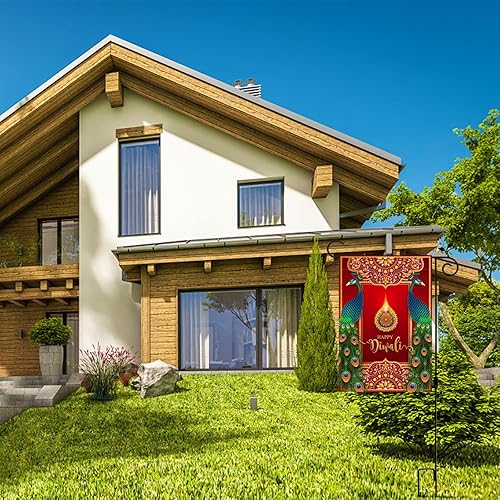 Miniatura 5 de Nepnuser Bandera de jardín Happy Diwali Deepavali pavo real indio festival de luces decoración para el hogar césped de doble cara cartel de patio