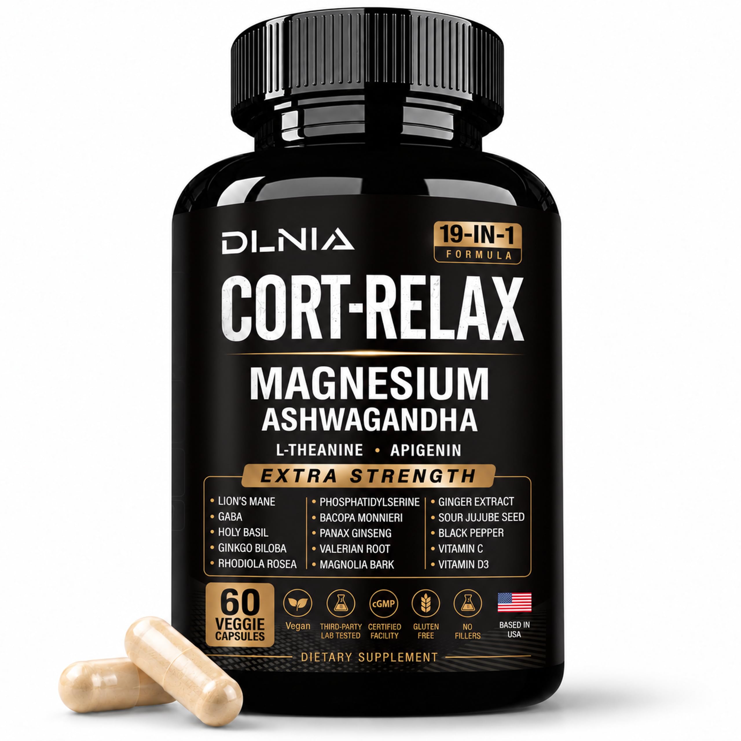 DLNIA Super Calm Cortisol Supplement with Magnesium Glycinate, Ashwagandha KSM-66, L-Theanine, Phosphatidylserine, Ginkgo Biloba & Lions Mane for Calm, Focus, Mental Clarity, Relaxation, Sleep, Energy