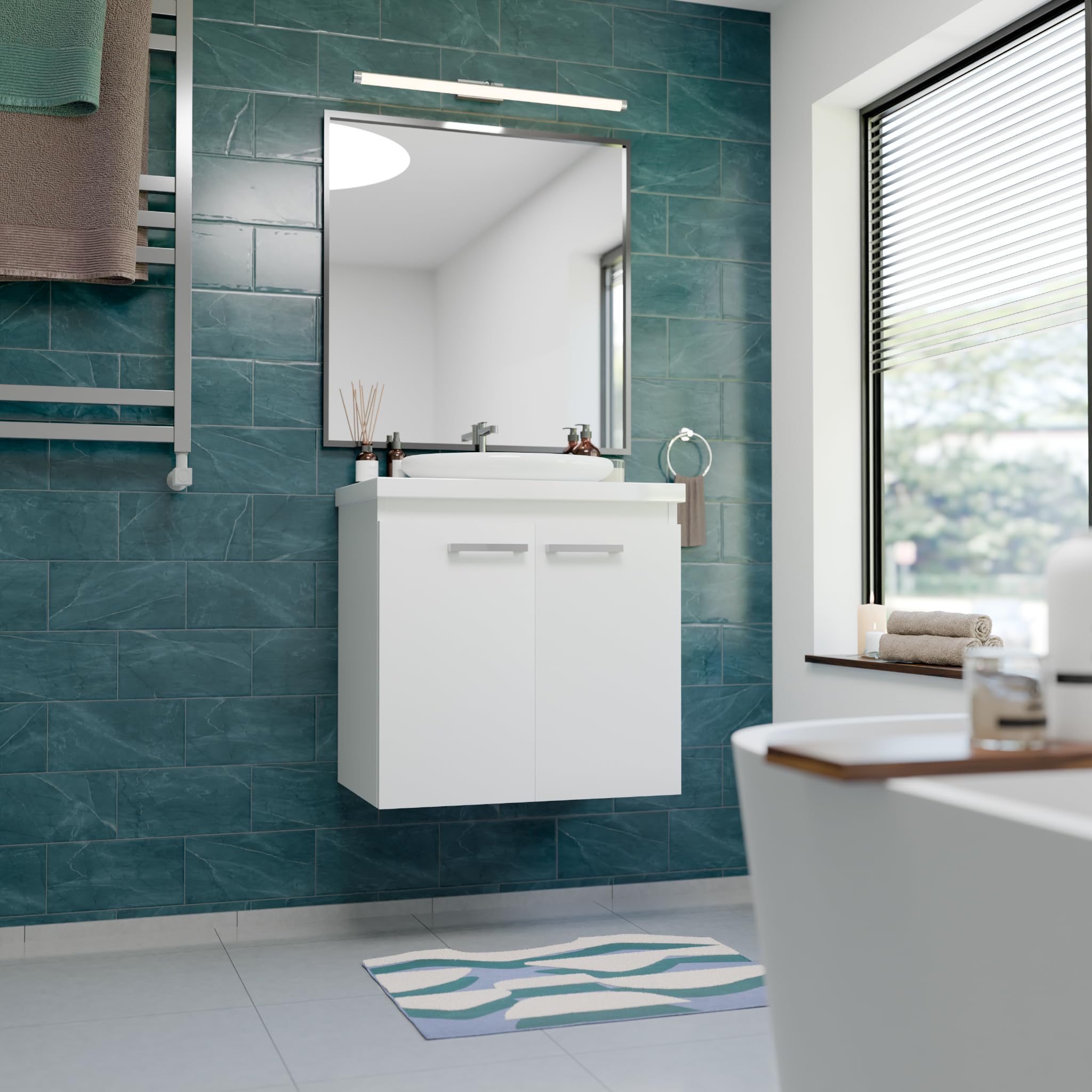 Armario de baño con accesorio Bilbao Top (ancho x profundidad x alto) 61,5 x 40 x 58 cm, armario para lavabo, armario inferior con encimera, armario bajo lavabo blanco