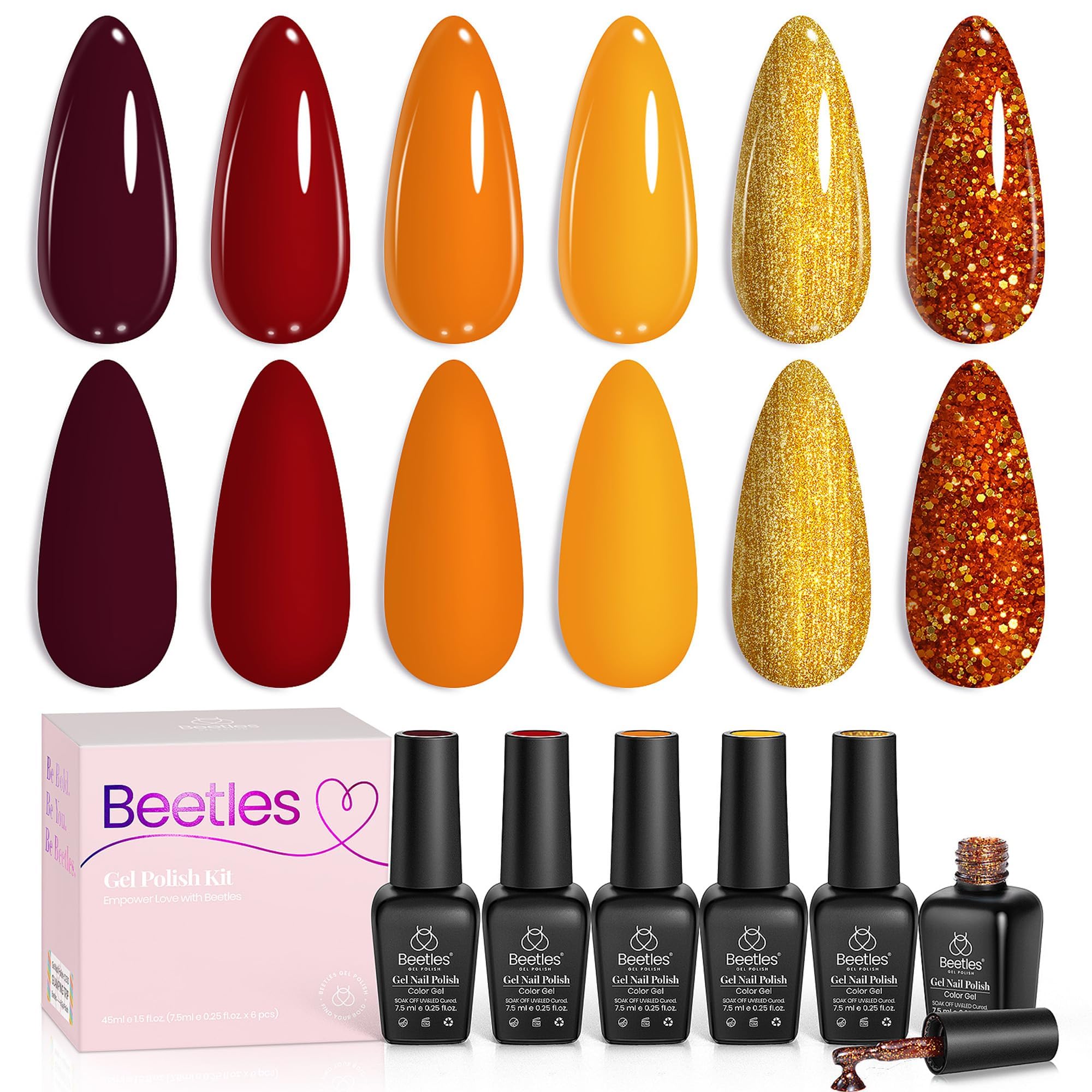 Beetles Gel Nail Polish Set 6 Colors Gel Polish Red Orange Brown Gold Glitter Kit DIY Home Nail Art Manicure Kits UV LED Needed Gifts for Women Golden Blessing