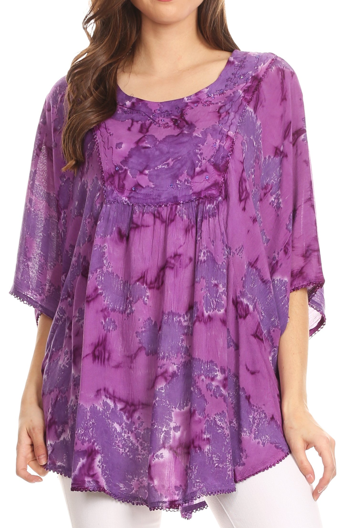 Sakkas Cleeo Long Large Tie Dye Dentelle brodée Sequin Poncho Blouse Top Cover Up