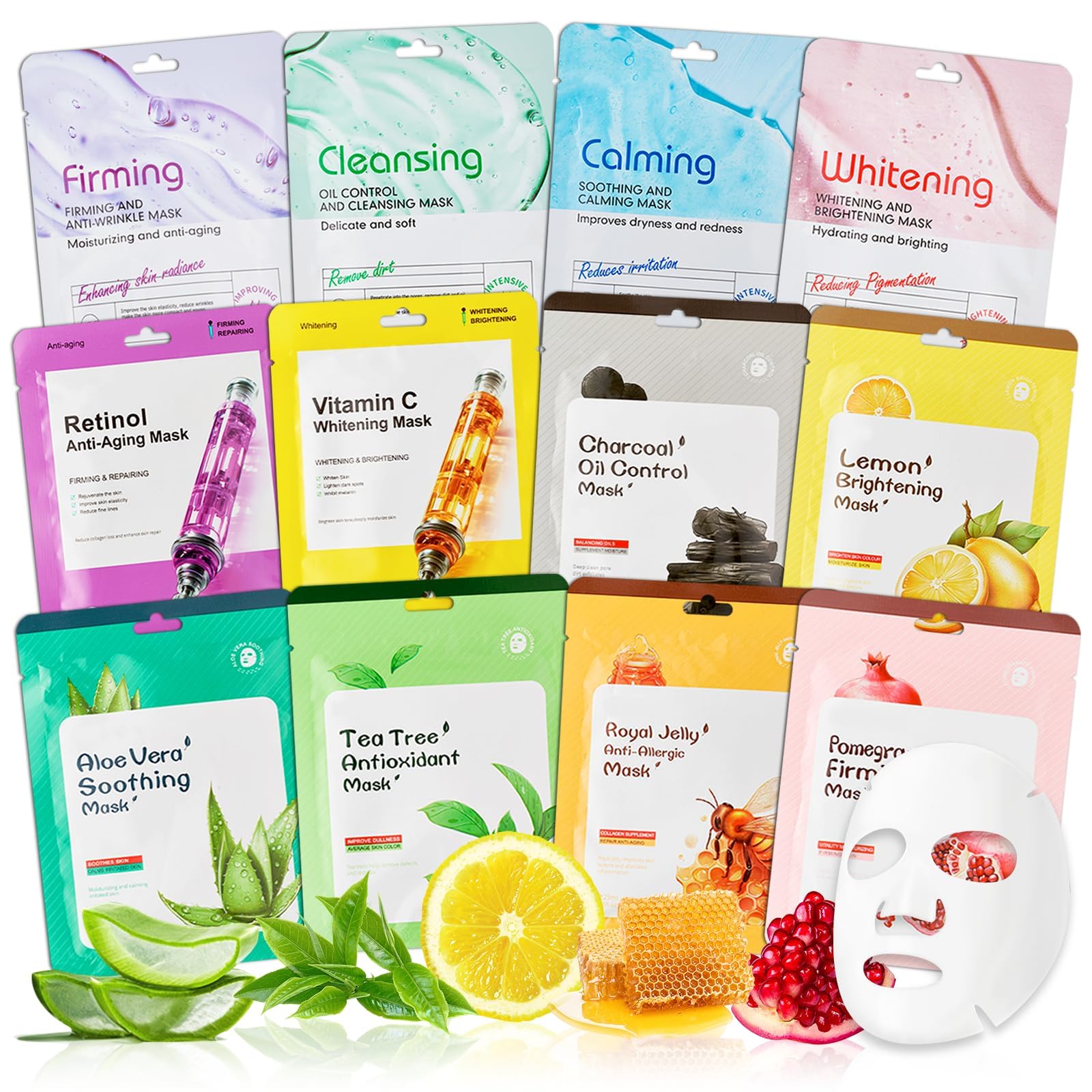 LuxeLavish 12-Pack Natural Ingredient Sheet Masks for All Skin
