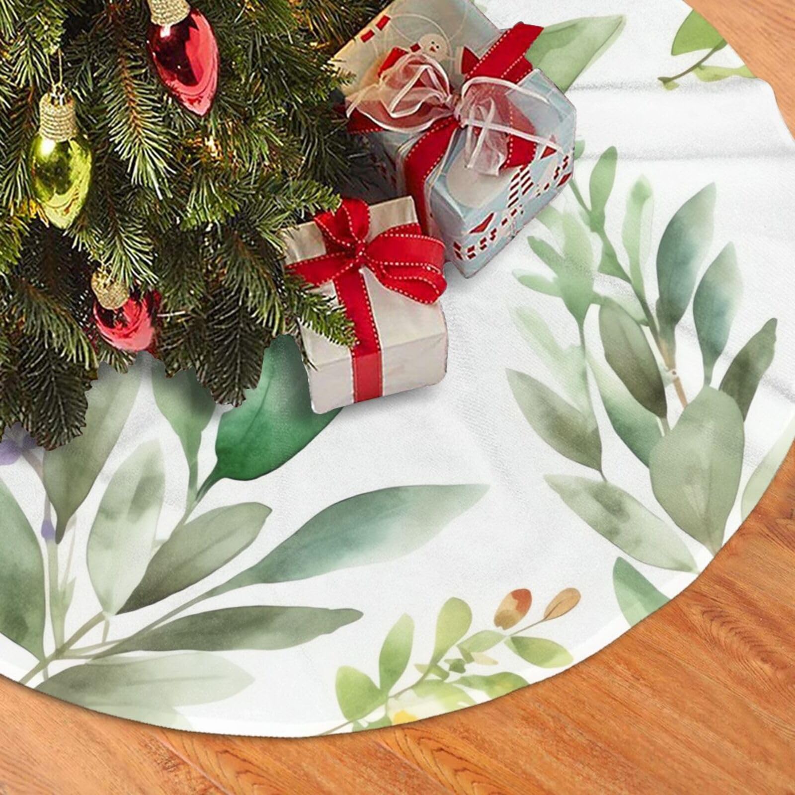 Fodpand Black Green Flower Christmas Tree Skirt 48" Velvet Xmas Tree Skirt Mat Rustic Christmas Tree Mat Cover Winter Xmas Tree Collar For Indoor Outdoor Christmas Decorations
