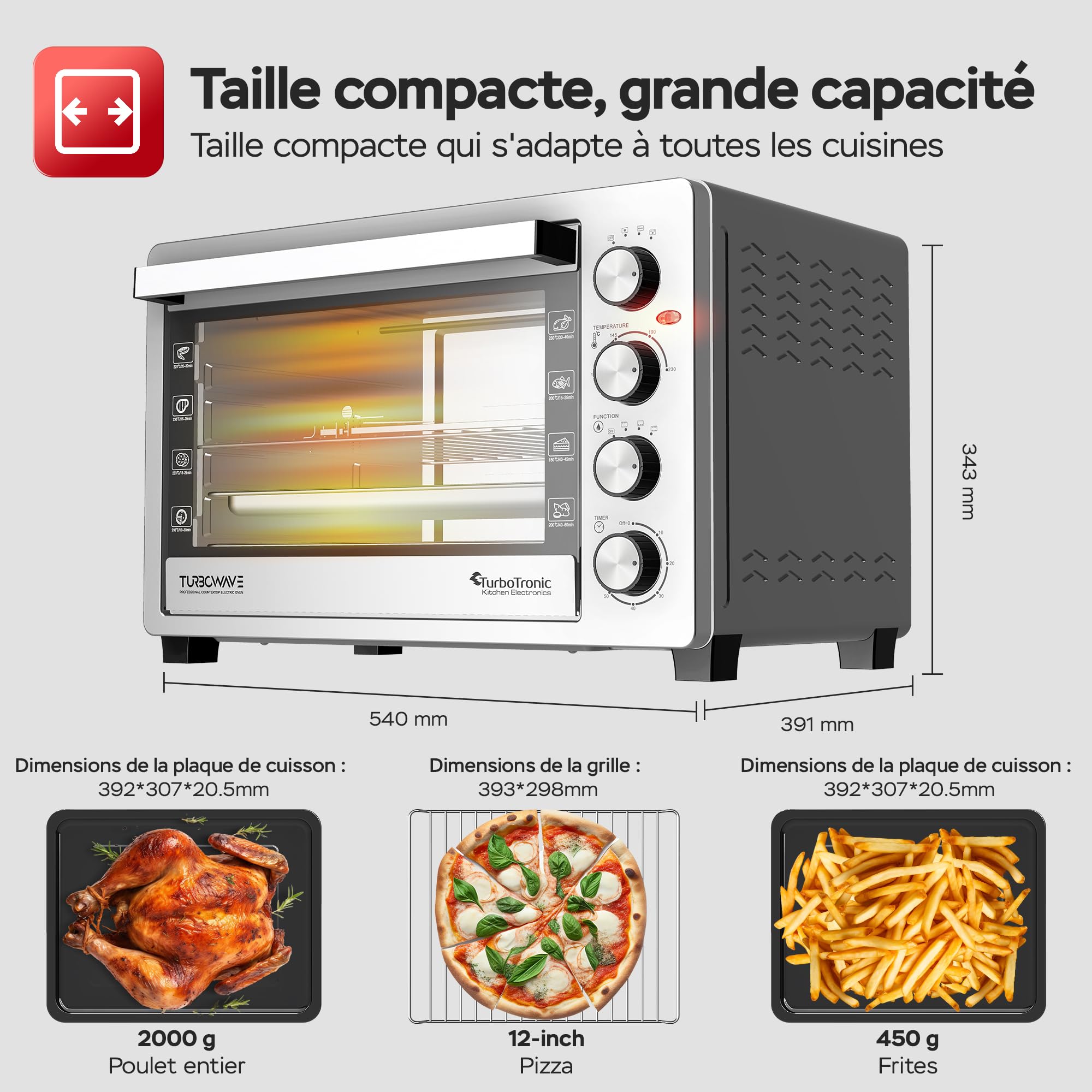 TurboTronic EVS38, Four électrique 38 L, Four posable à chaleur tournante, Mini four, 2000 W, 230°C, Argent