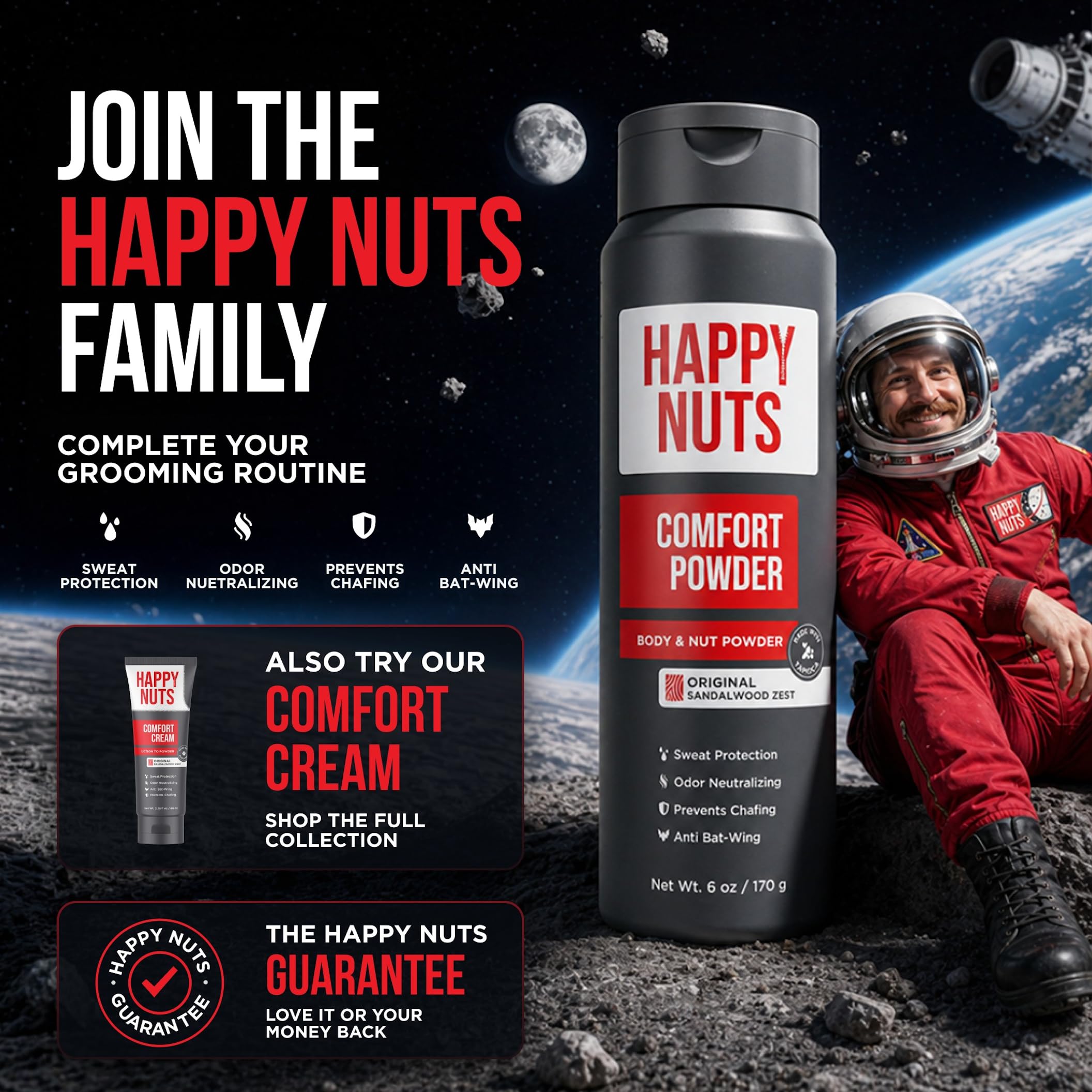 Happy Nuts Comfort Powder - Polvo antirozaduras, defensa del sudor y control de olores para la ingle, los pies y el cuerpo, polvo corporal para hombres (paquete de 2)