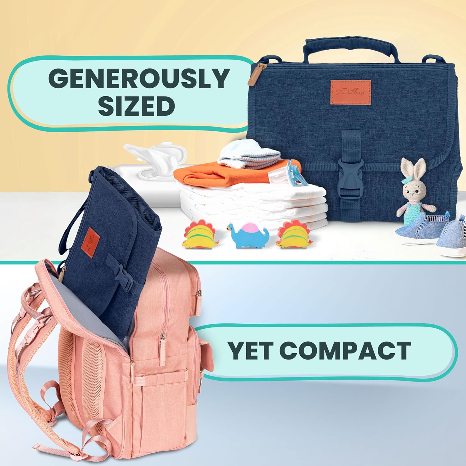 Portable Changing Pad for Baby, Travel Diaper Changing Pad for Newborn, Large Waterproof Baby Changing Mat, Foldable & Detachable Diaper Changing Station with Baby Wipes Pockets Baby Stuff by Pillani