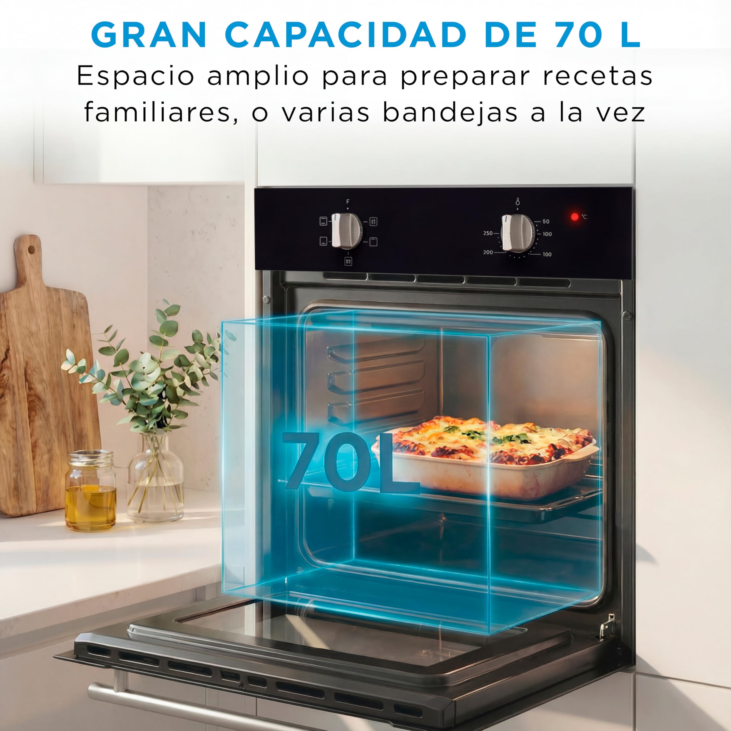 Midea Horno Electrico Empotrable Convencional de 70L y 2100W - Horno Integrable Negro con 4 funciones, Modo ECO - Hornos con Luz Led de Bajo Consumo, Puerta Doble Cristal, Bandeja Universal, y Rejilla