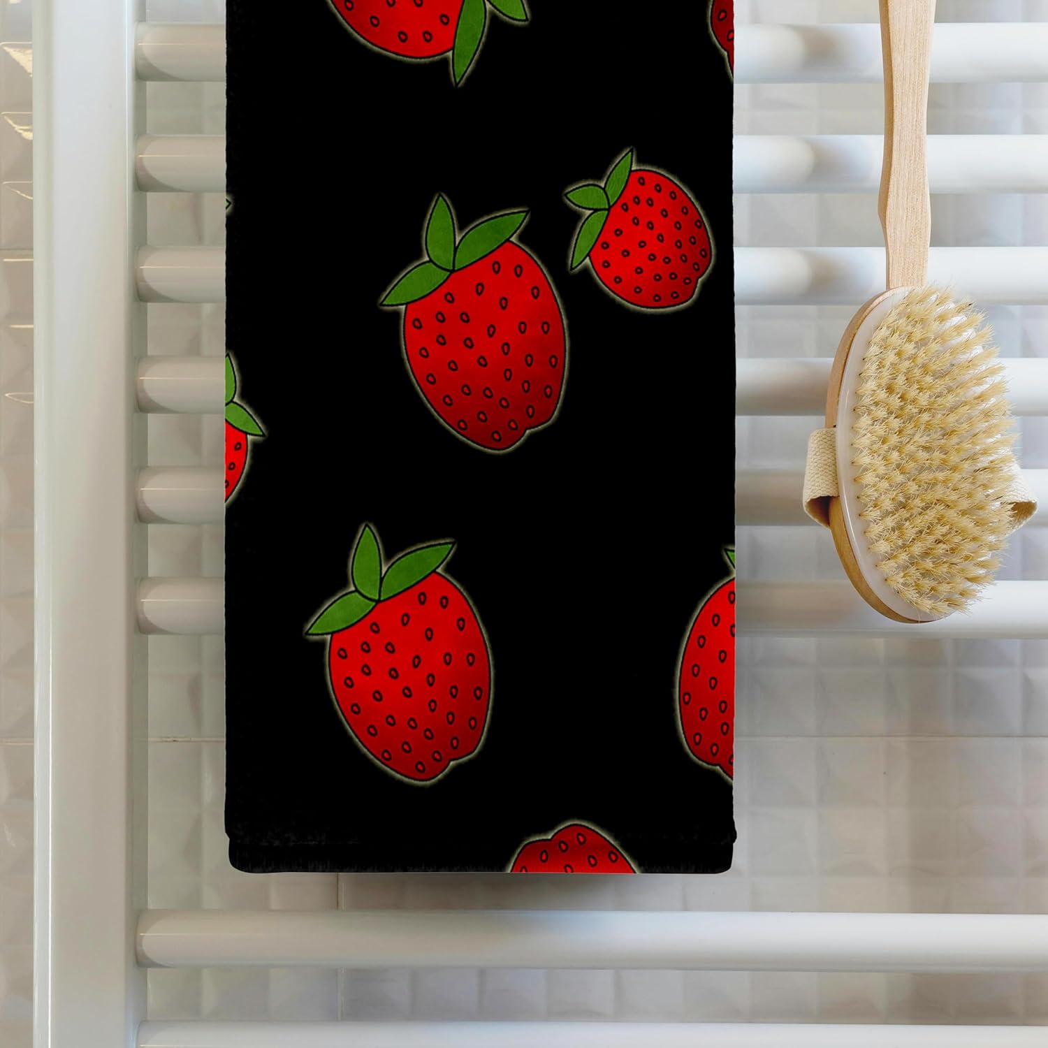 3dRose Strawberry Print Fresh Red Strawberries on Black 22x30 Bath Hand Pool Towel