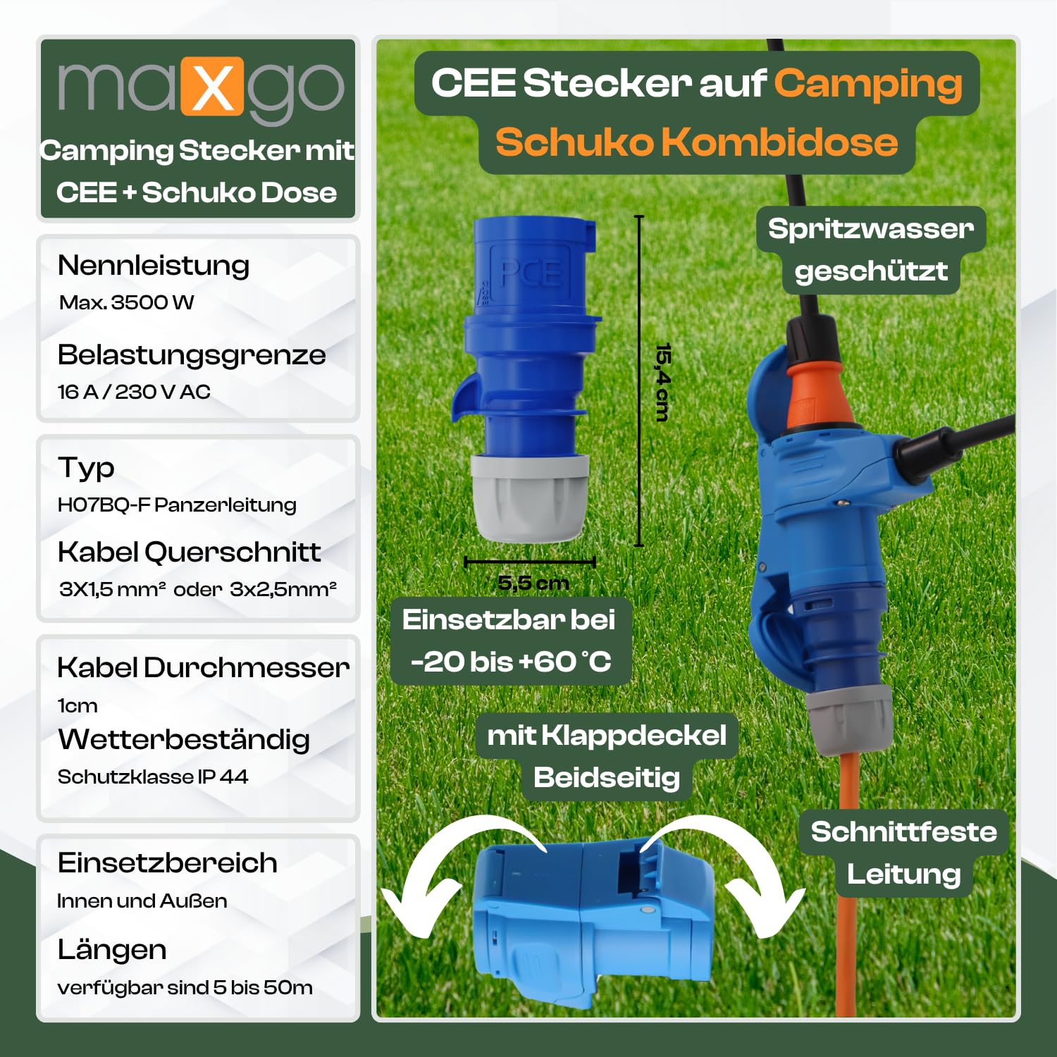 maxgo Camping Adapter CEE mit Schuko Steckdose – 30 m H07BQ-F PUR Kabel | 3x2,5 mm², IP44 Winkelkupplung für Wohnmobil, Wohnwagen, Caravan, Festival und Zeltplatz