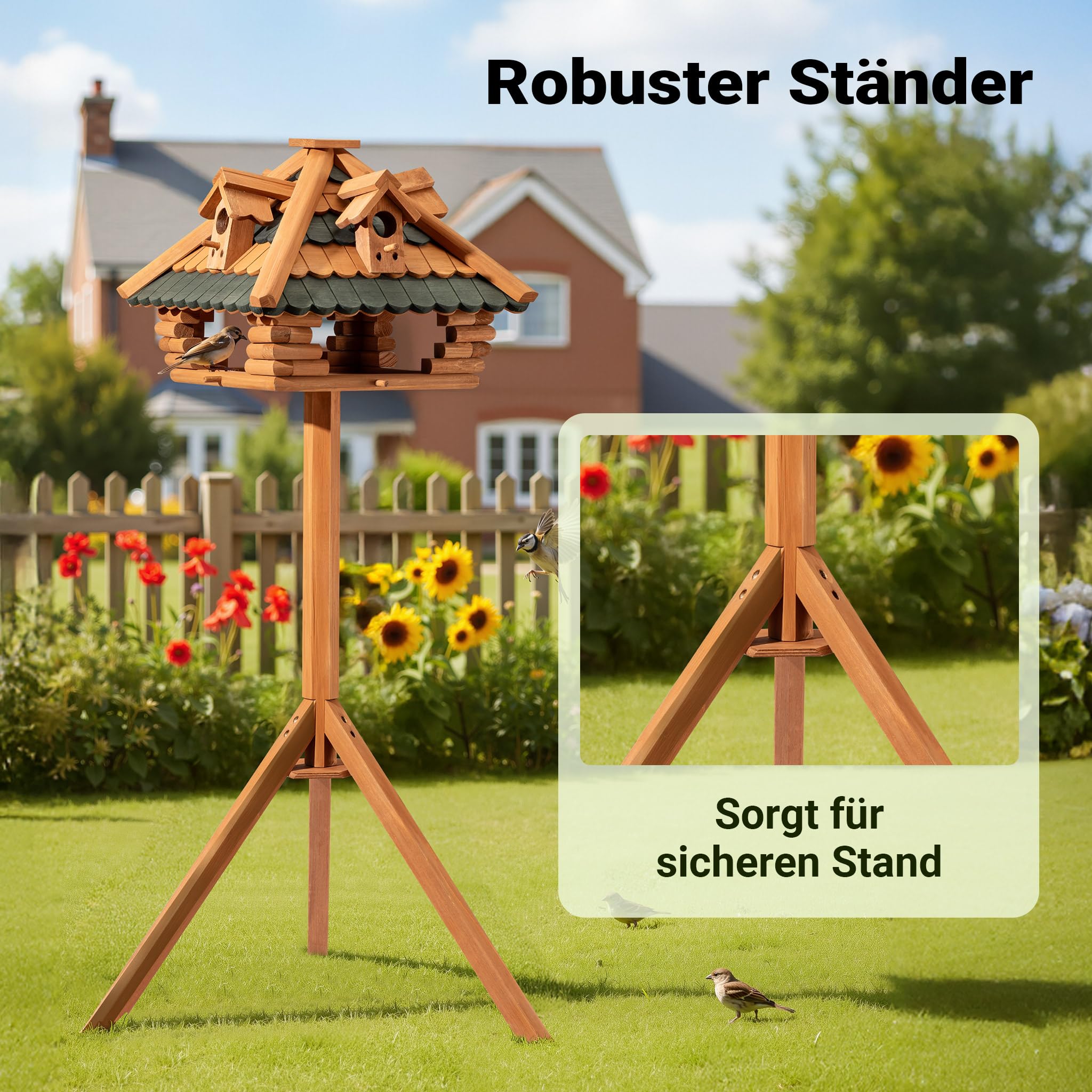 Vogelfutterhaus 115 cm mit Ständer, Vogelhaus aus Holz, wetterfestes Vogelfutterhäuschen mit Dreifuß, Futterhäuschen für Vögel