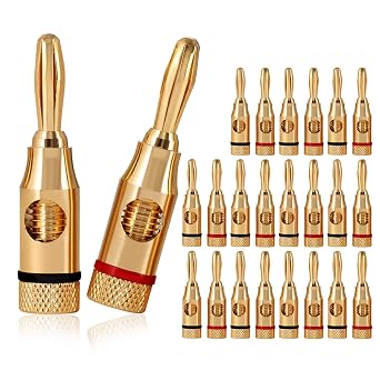 Banana Plugs Open Screw 24K Gold Plated Plugs Audio Jack Connector for Speaker Stereo Cable, 24-Pack 12 Red, 12 Black