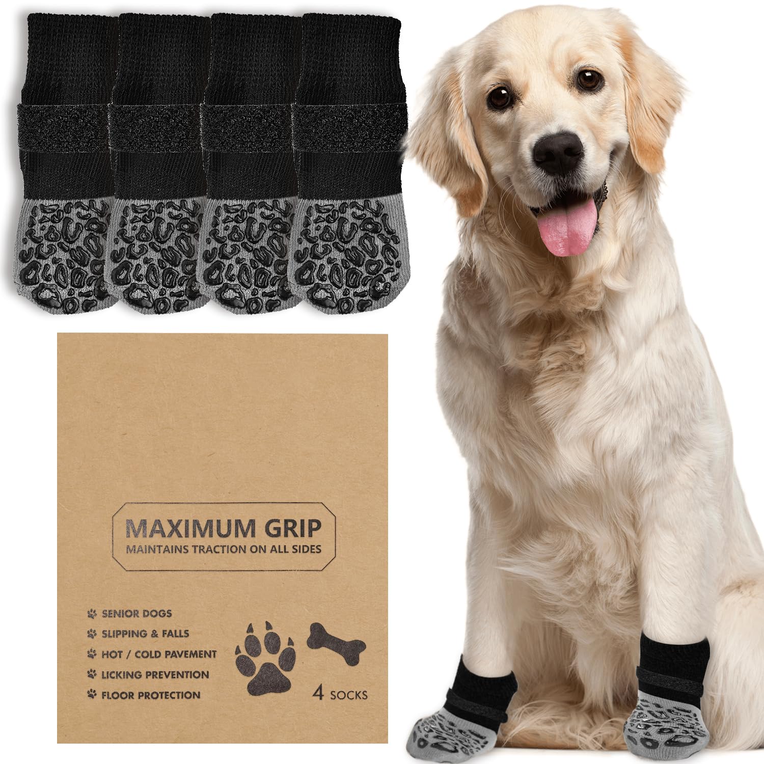 Chaussettes antidérapantes pour Chiens : Protection des Pattes avec Grip supplémentaire, empêche de lécher et de Glisser. pour Petits, Moyens, Grands et Seniors. (Motif Léopard-Taille L)