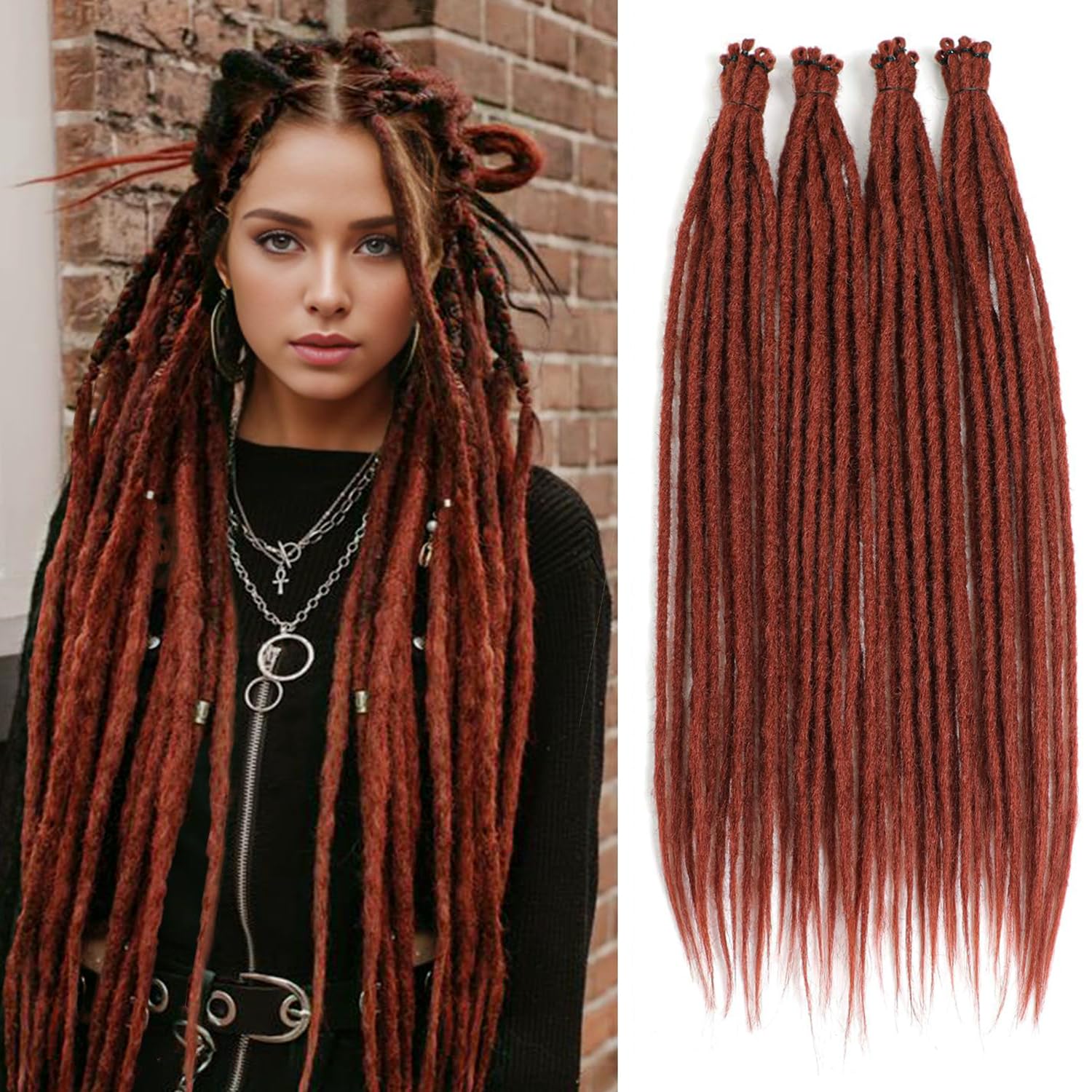 20 Strands/Pack Copper Red Synthetic Dreadlocks Extensions,Handmade Hippie Dreadlock 0.6 Width Soft Dreads Hair Reggae Style Locs Crochet Braiding Hair for Women or Mens,18 inch