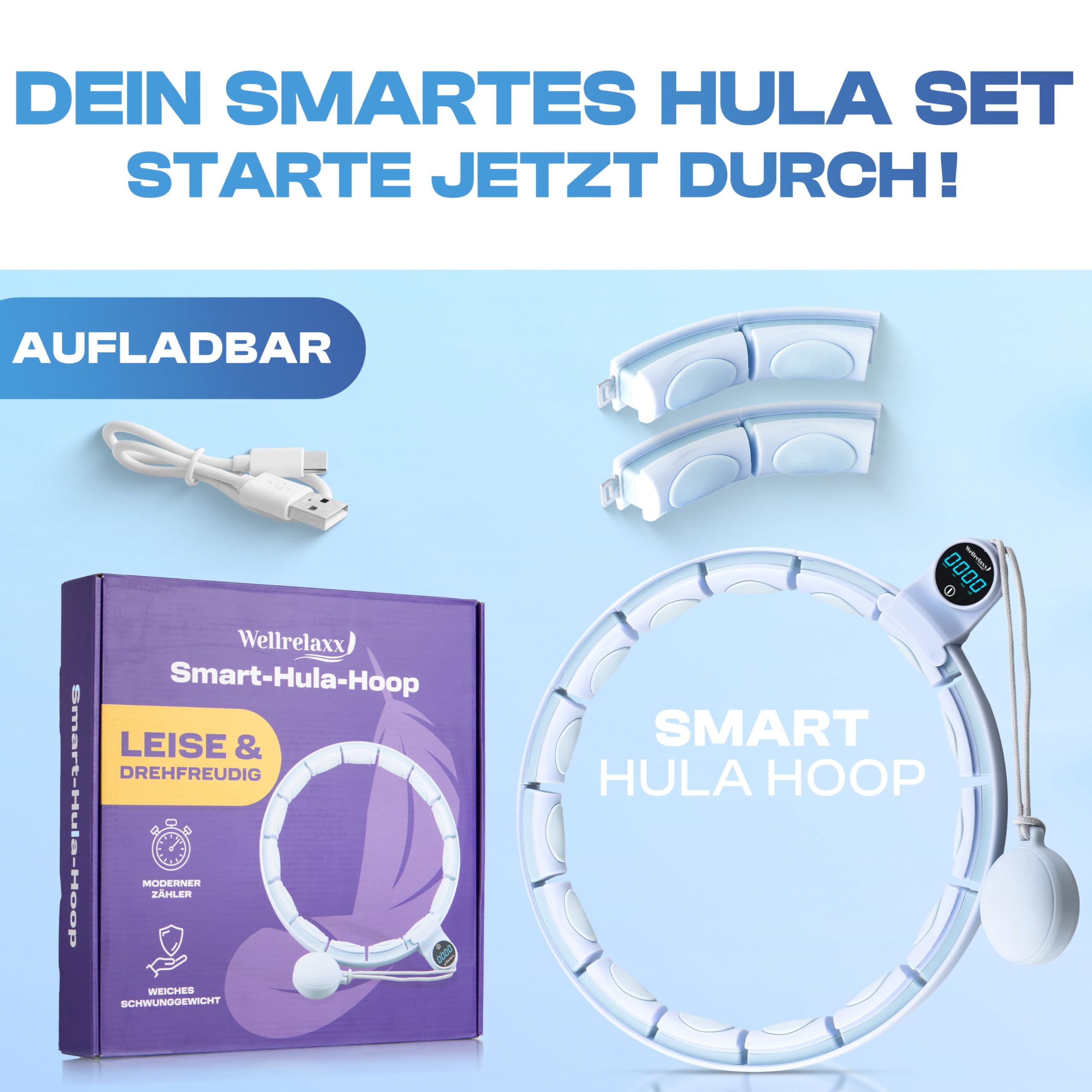 Wellrelaxx Smart Hula Hoop Testsieger leise und drehfreudig mit Zähler | Hula Hoop mit Gewicht Kugel | Hullahub Reifen zum Abnehmen für Training mit Spaß | Umfang 70-110cm