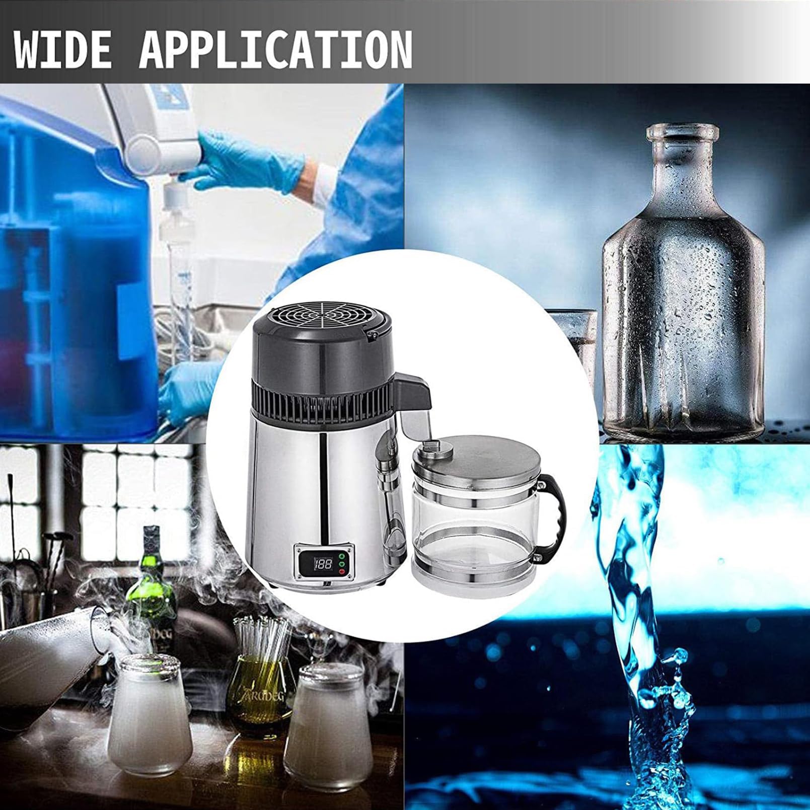 Destilador de agua pura con cubo de tapa de vidrio, máquina de agua destilada de 750 W 4 L, revestimiento de acero inoxidable 304 Therm Lock purificador de agua eléctrico botón de pantalla silver