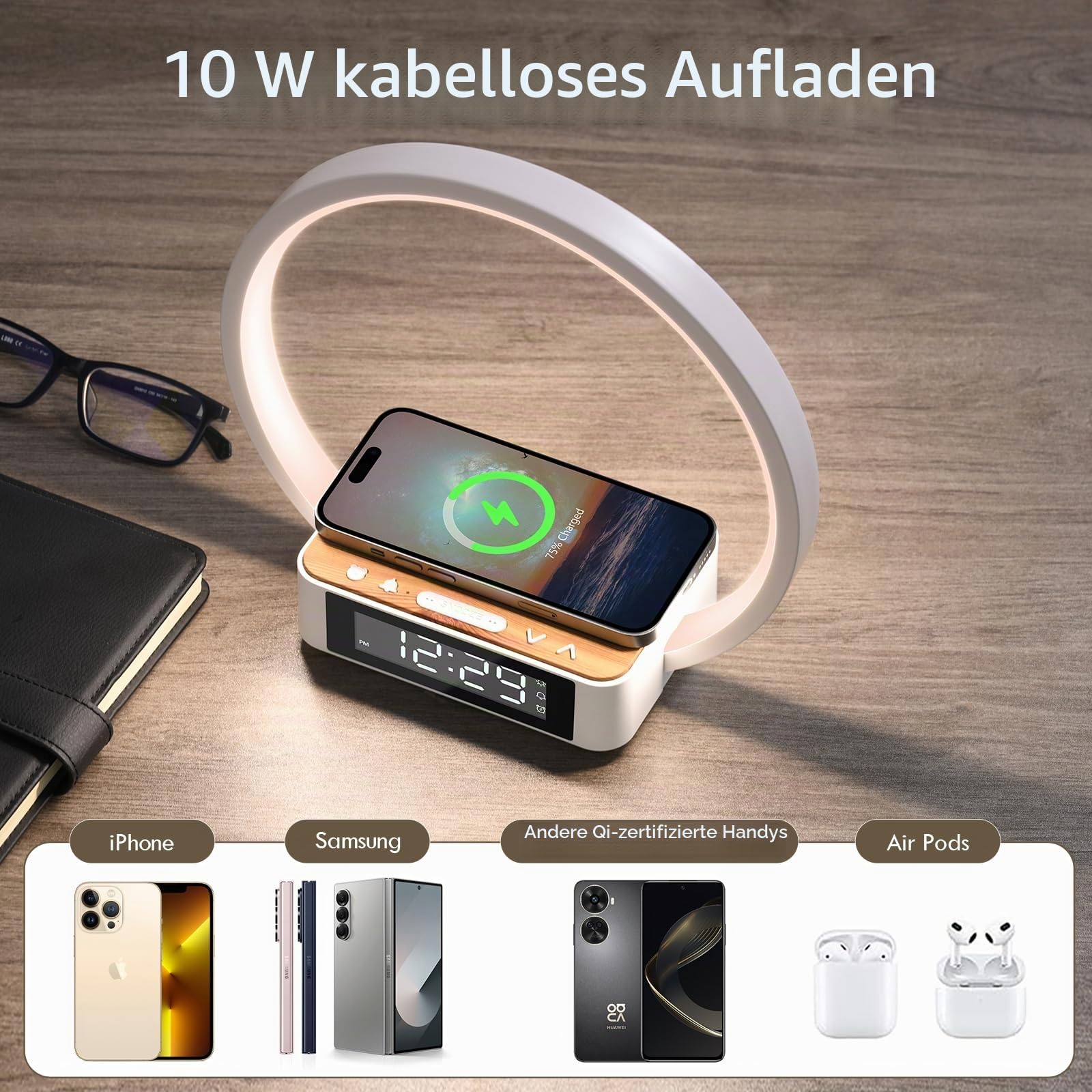 WILIT LED Nachttischlampe mit Kabelloser Ladefunktion, Lichtwecker Tischlampe Touch Dimmbar mit 3 Helligkeitsstufen, Warmes Nachtlicht mit 5W Wireless Charger für Schlafzimmer, Holz&Weiß
