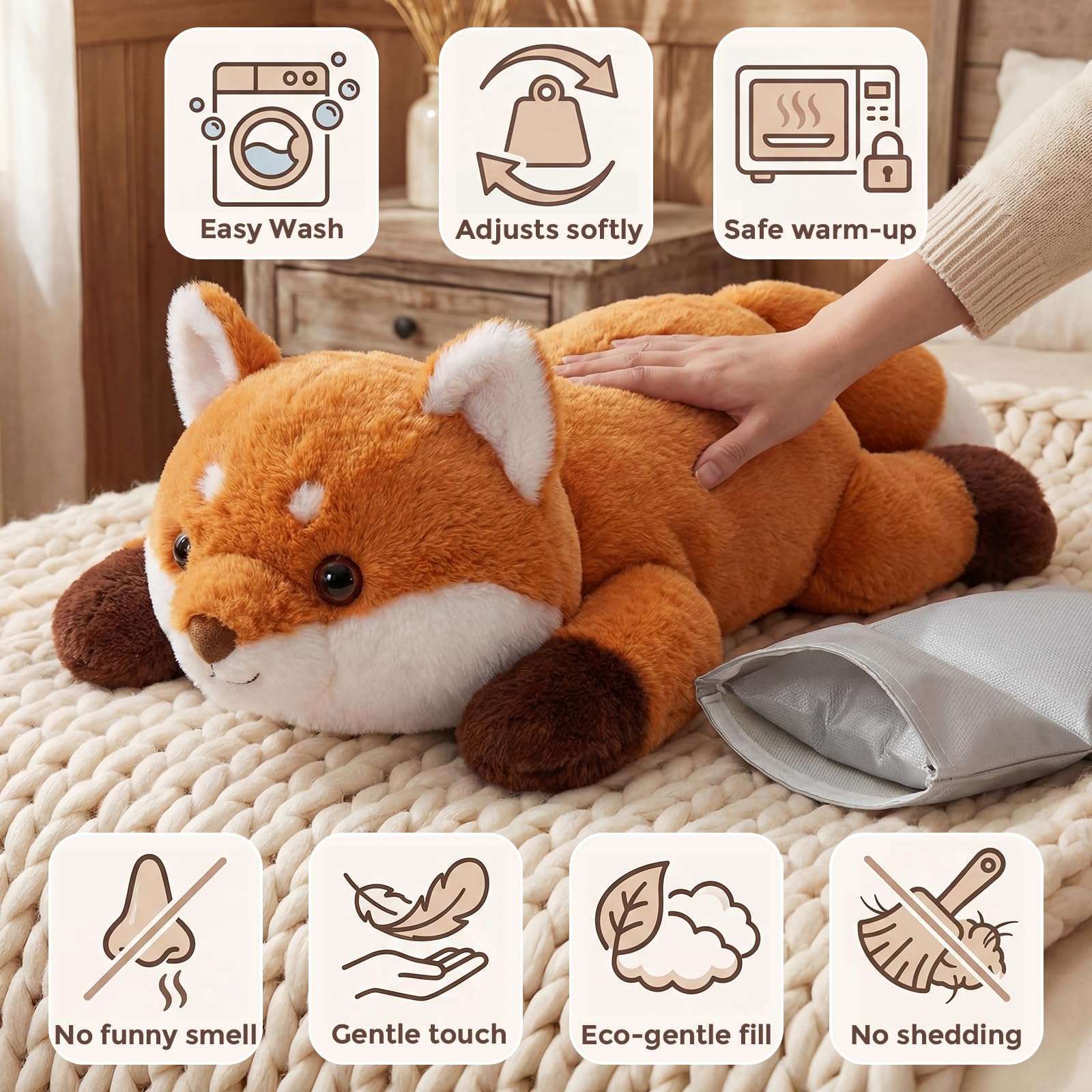 Mewaii Peluche de Zorro con Peso 2-5 LB, 23", Calentable y Enfriable, Apto para Microondas, Almohadilla Interior Extraíble y Ajustable, Regalo Suave para Adultos y Niños, Rojo