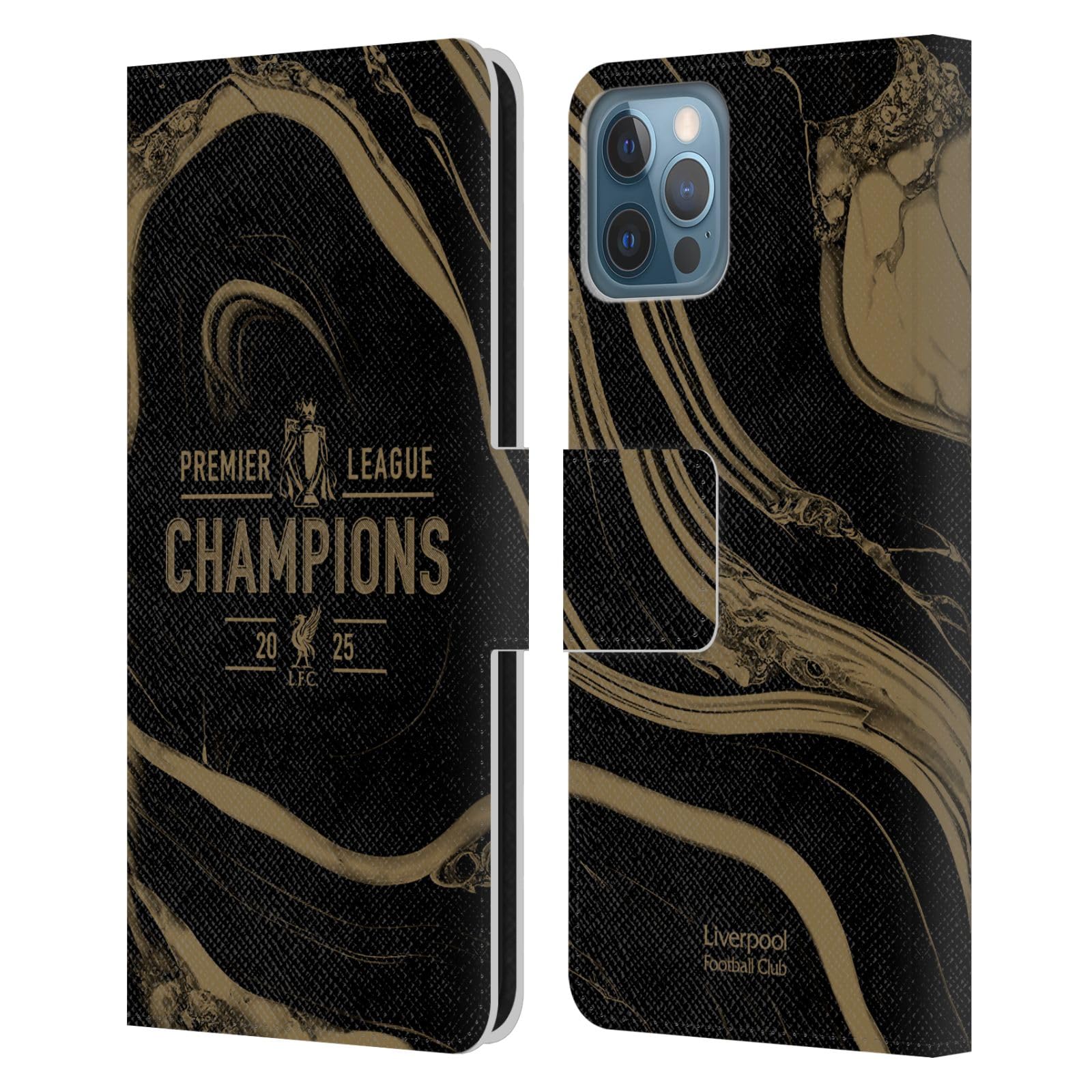 Head Case Designs Officially Licensed Liverpool Football Club Black Marble 2025 Premier League Champions Leather Wallet Case Compatible With Apple iPhone 12 / iPhone 12 Pro