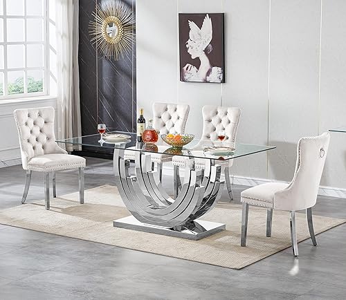 Miniatura 62 de Juego de 5 mesas de comedor de cristal plateado, mesa rectangular moderna de cocina y comedor de 70 pulgadas para 4, mesa de comedor de vidrio Mesa