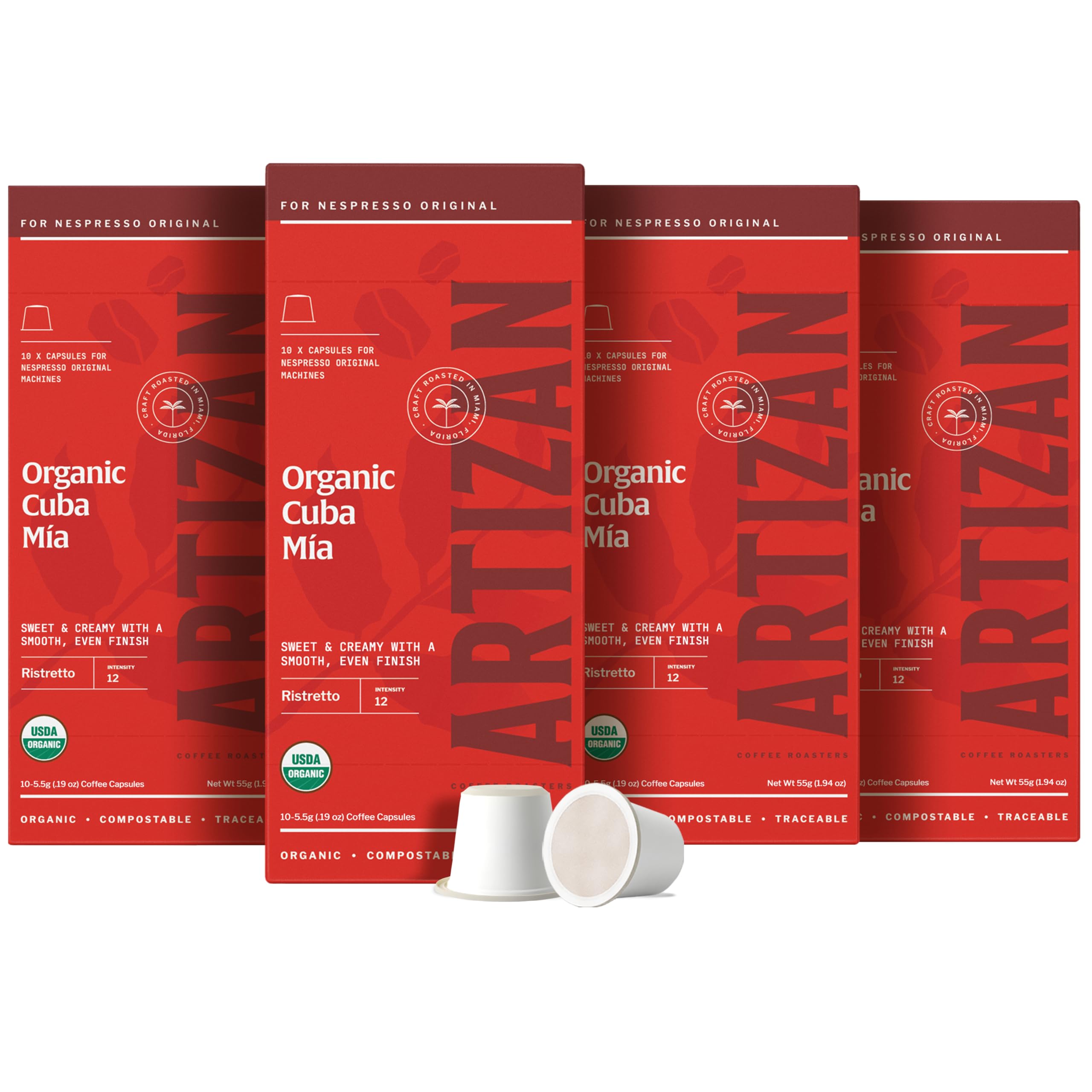 Artizan Coffee USDA Organic Espresso Coffee Capsules For Nespresso Original | Cuba Mia | 40 Compatible Compostable Pods