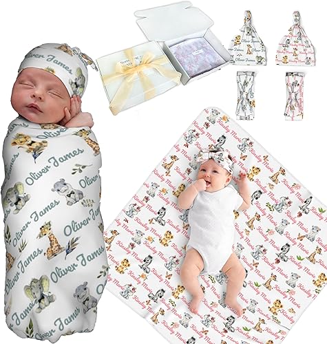 Manta de Arrullo Personalizada para Bebé para Niños y Niñas - Manta con Nombre Personalizado con Animales