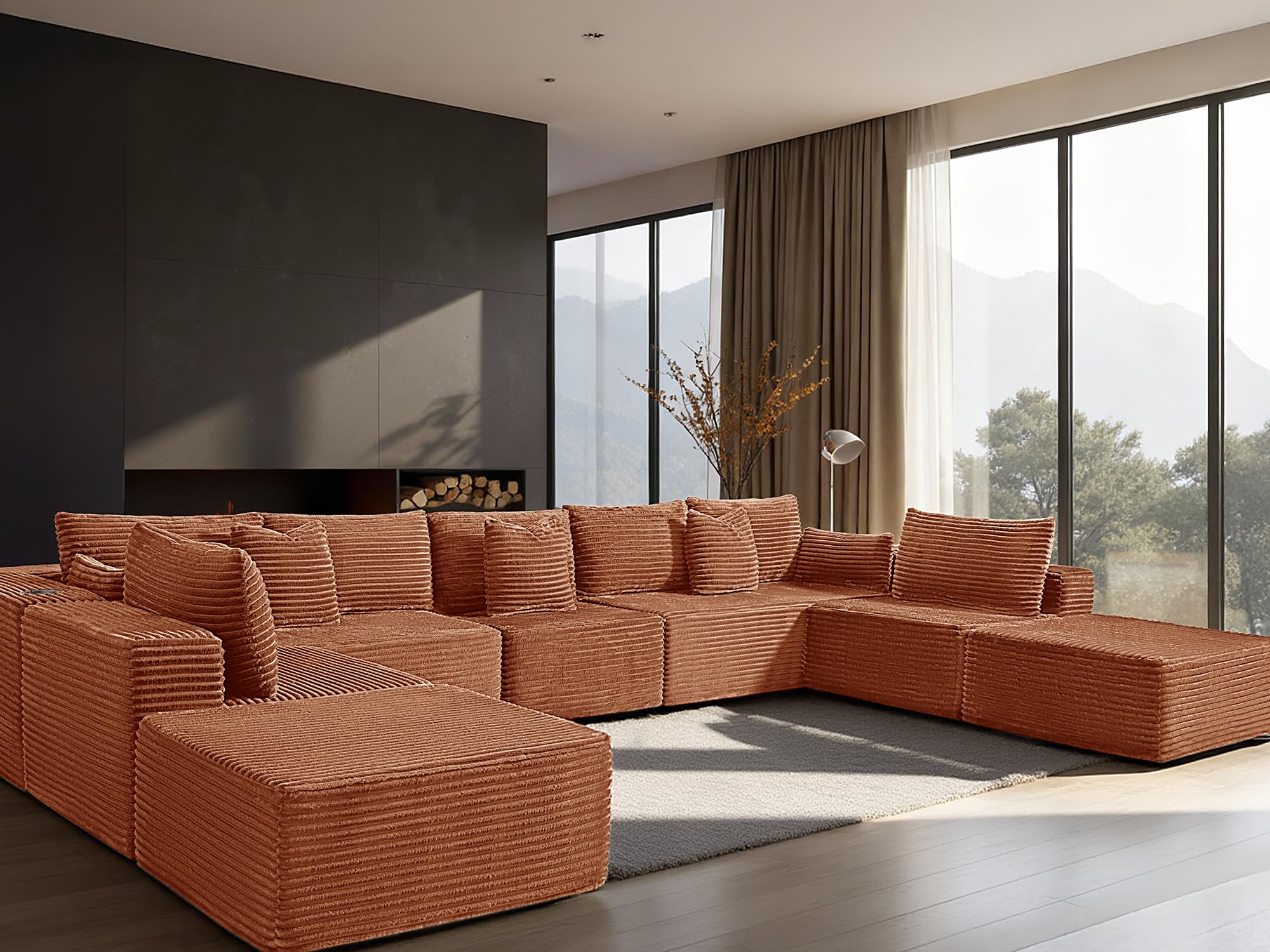 168" Cloud Sectional Couch, Comfort U Shaped Sofa for Living Room, Extra Deep Seats No Assembly, Minimalist Modular Couch, Corduroy (Deep Orange, 9 Seats,U-Shape A)