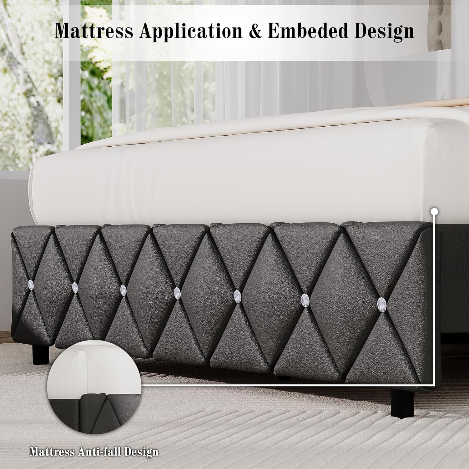 BarnFurin Queen Bed Frame with Diamond Tufted Headboard, Faux Leather Upholstered Bed with Wooden Slats Support, No Box Spring Needed, Mattress Foundation, Easy Assembly, Grey