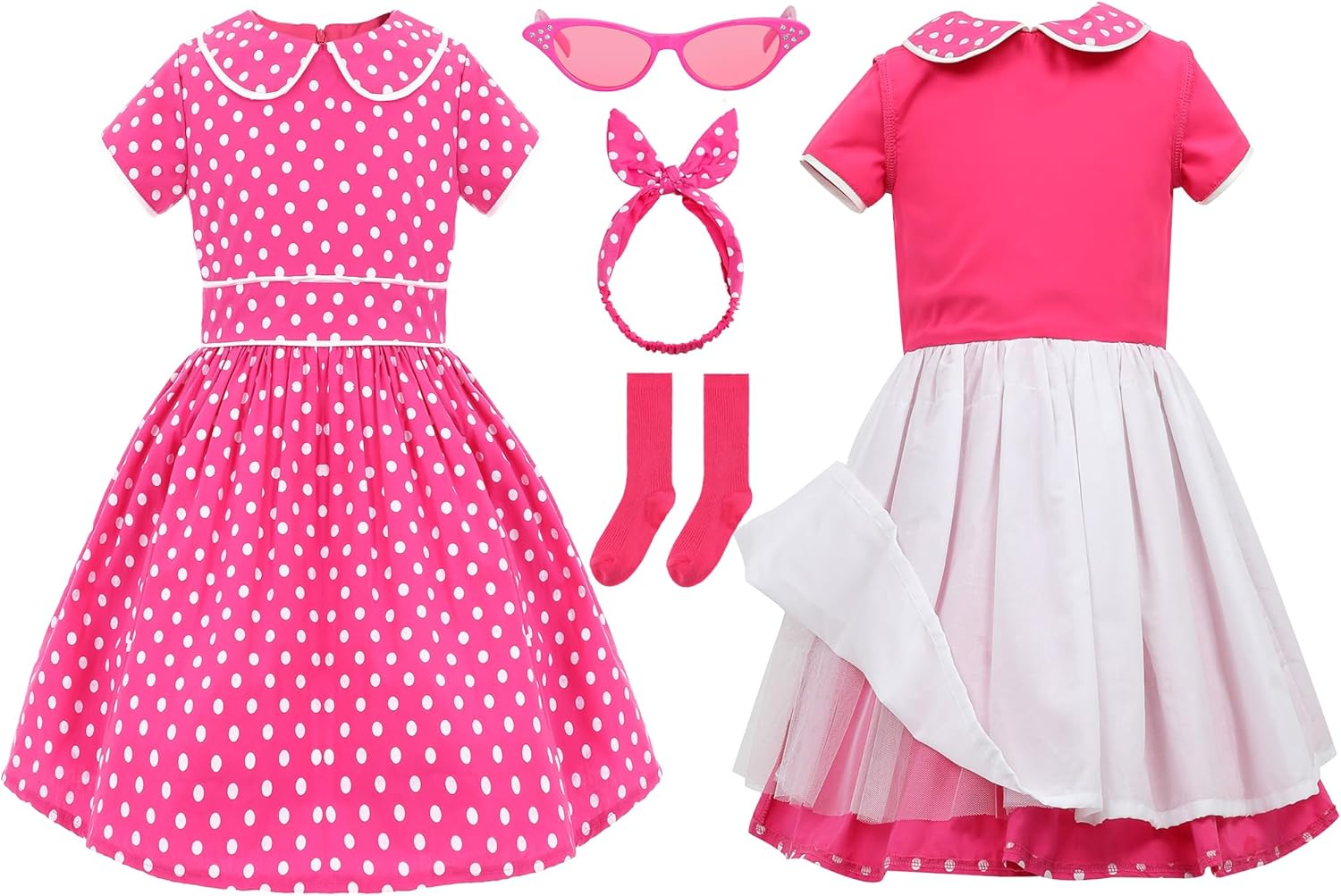Leadtex Vintage 1950s Polka Dot Audrey Swing Dress 1950s Retro Party A-Line Dress for Girls with Glasses,Socks and Headband