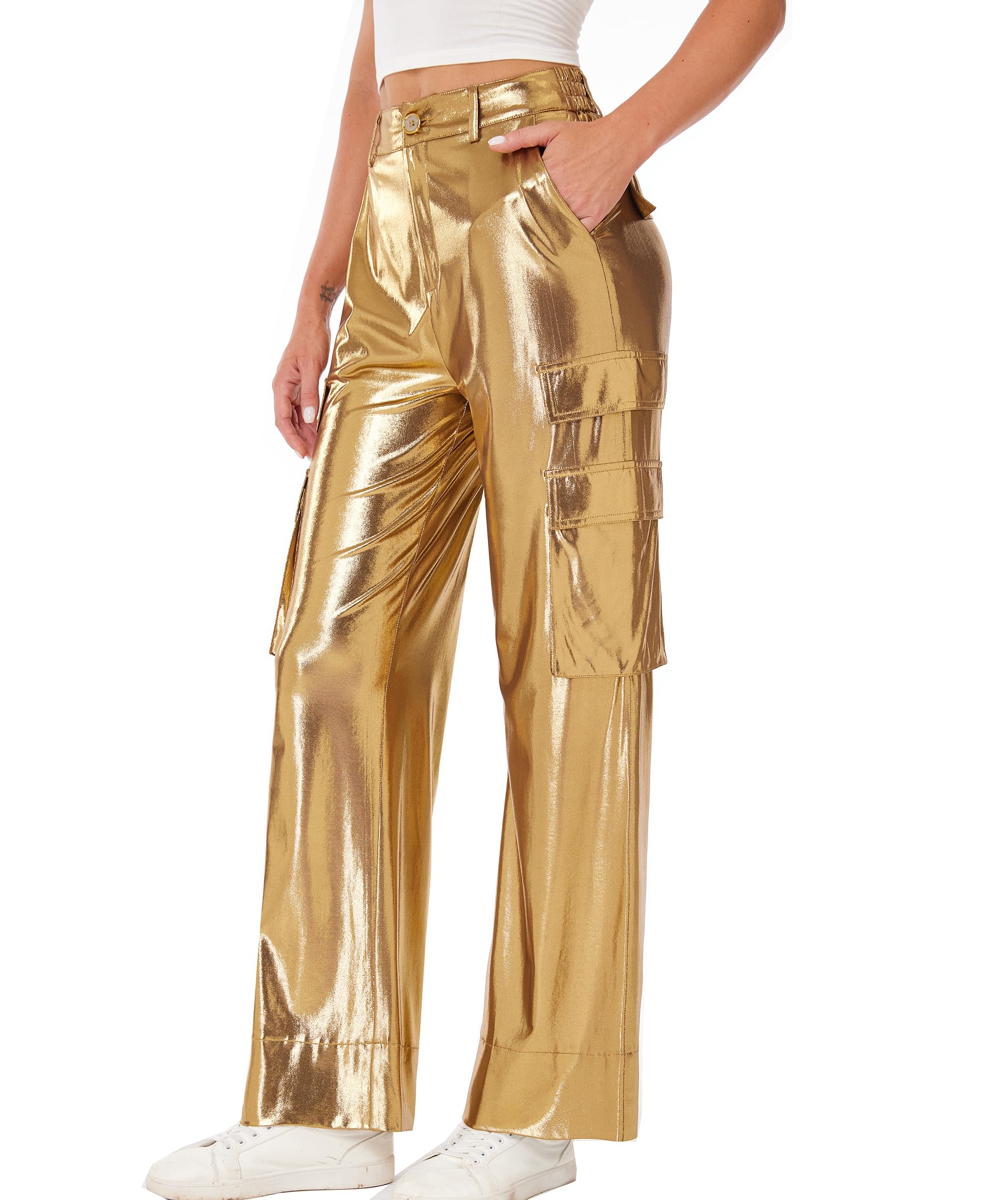 Fakanhui Pantaloni cargo da donna metallizzati lucidi glitterati a gamba larga pantaloni cargo scintillanti per feste, discoteca, discoteca, streetwear