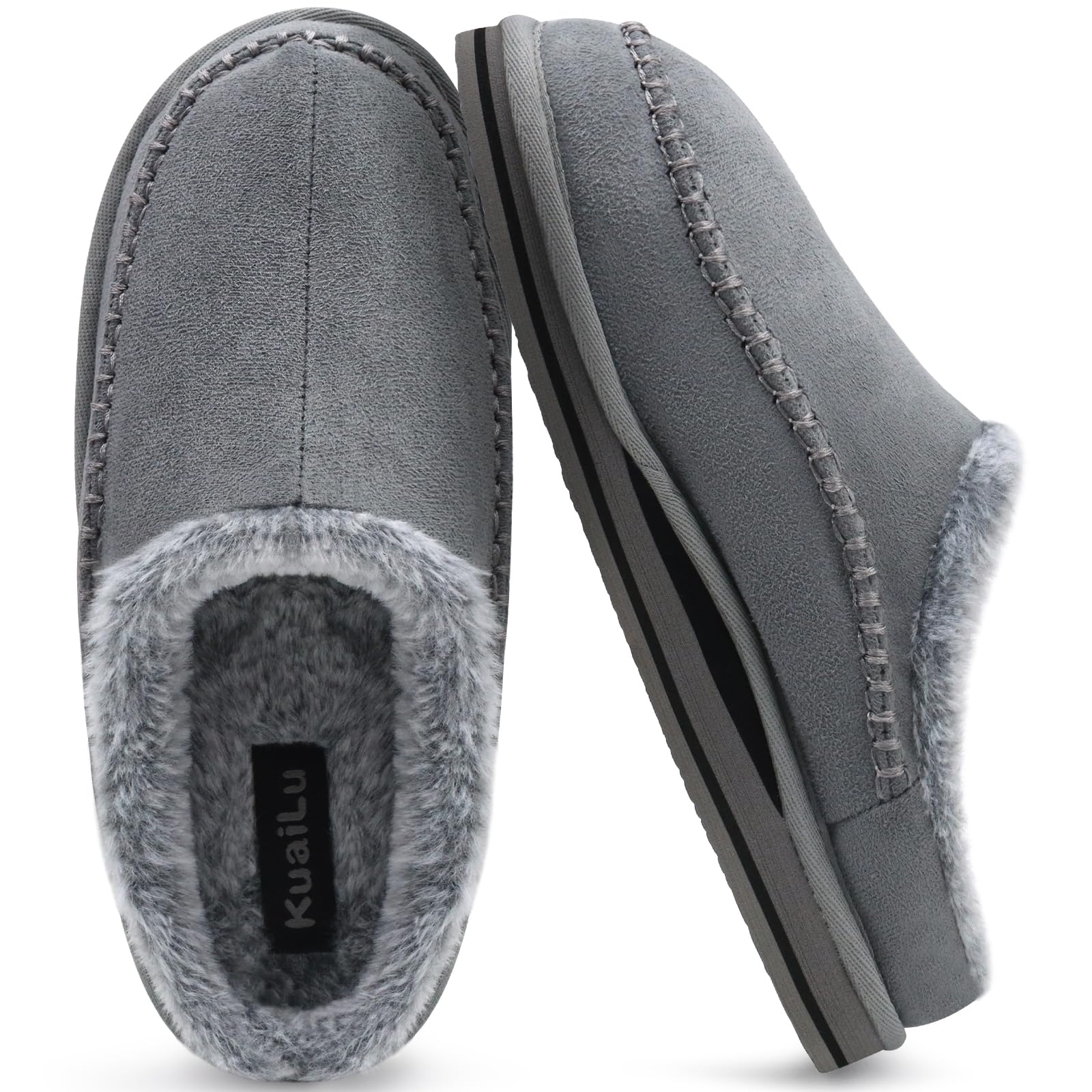 KuaiLu Mens Clog Slippers with Arch Support Suede Faux Fur Memory Foam Warm House Shoes Comfortable Slip-on Mans Bedroom Indoor Outdoor Slippers