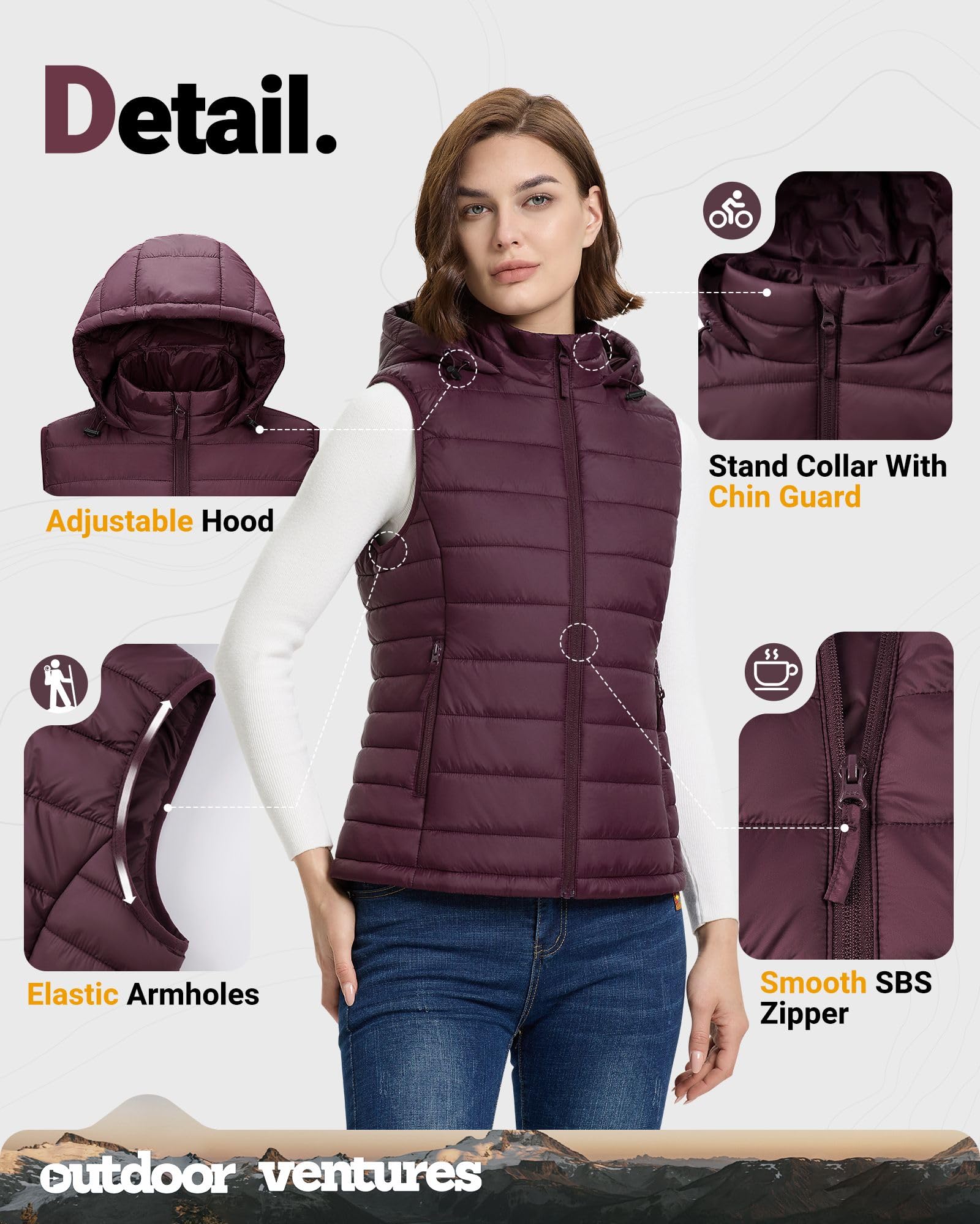 Outdoor Ventures Gilet trapuntato da donna con cappuccio, imbottito, per le mezze stagioni, imbottito, sportivo, da donna, caldo, con colletto alto, per escursioni, campeggio