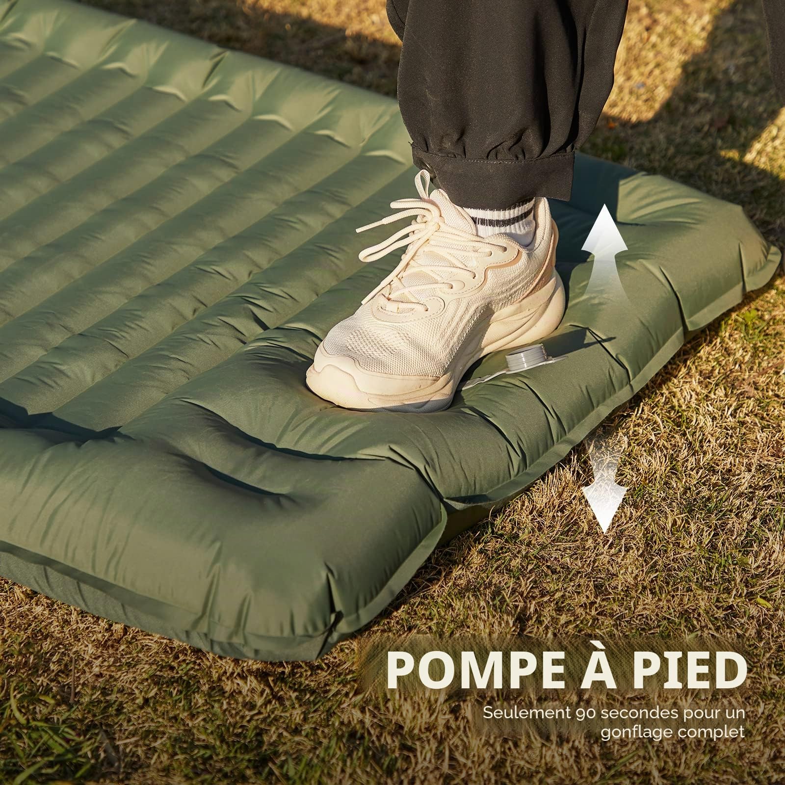 Portal Matelas de camping simple de 10 cm d'épaisseur avec pompe à pied, tapis de camping gonflable, matelas de tente gonflable, lit gonflable de camping pour adultes, tapis roulant, sac à dos
