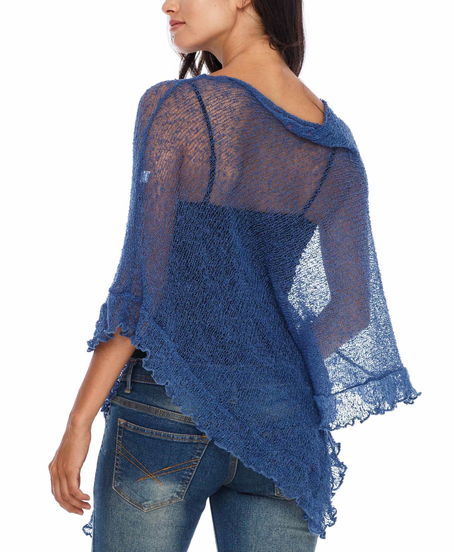 SHU-SHI - Jersey de estilo capa para mujer - Con volante y transparencias - Punto ligero