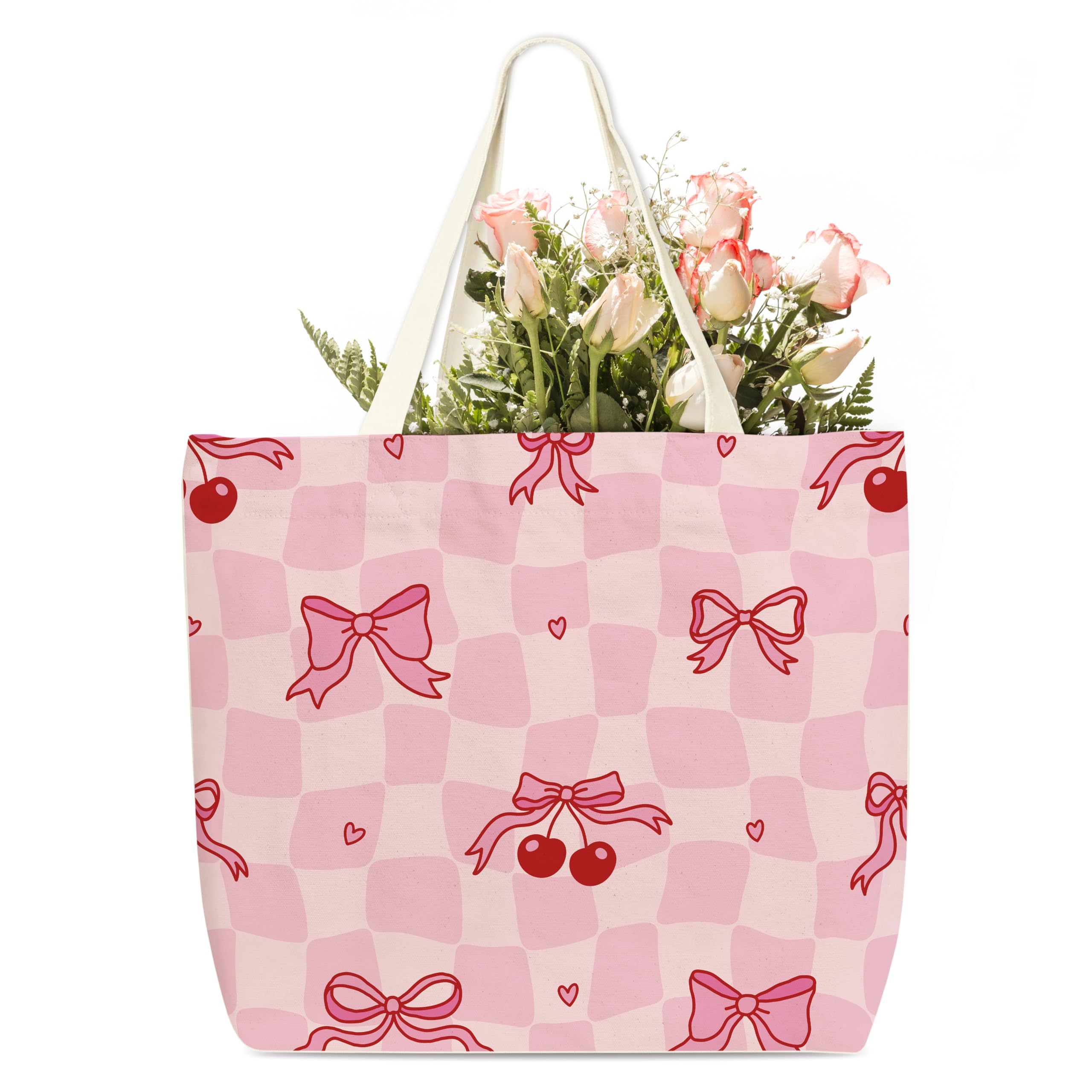 HMJKL Pink Bow Tote Bags For Women, Pink Bow Cherry Canvas Tote Bag, Bow Cheery Themed Gifts, Birthday Christmas Gifts For Family Friends, Cute