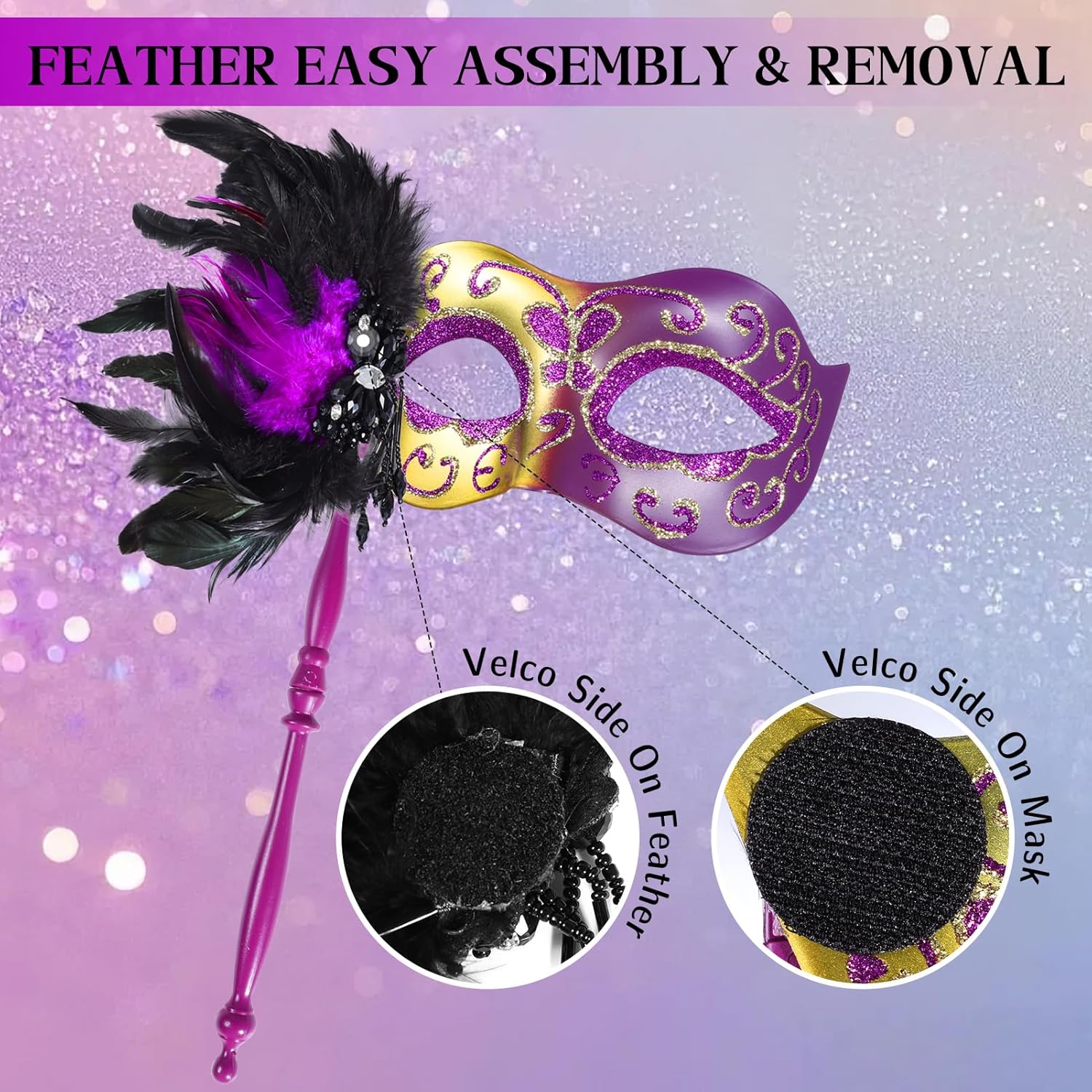 BEARAE Masquerade Mask for Women with Stick, Feather Venetian Masks, Costume Mask for Mardi Gras Gatsby Party Decoration - Image 4