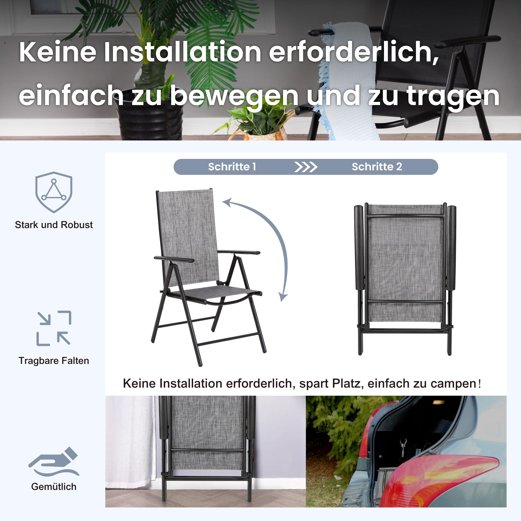 PHI VILLA Gartenmöbel Set Wetterfest Gartentisch mit Stühlen 6 Personen Metall Gartentisch mit 7-Fach Verstellbar Hochlehner Klappbar Aluminium Gartenstühle Set 6, Terassenmöbel Außen Grau