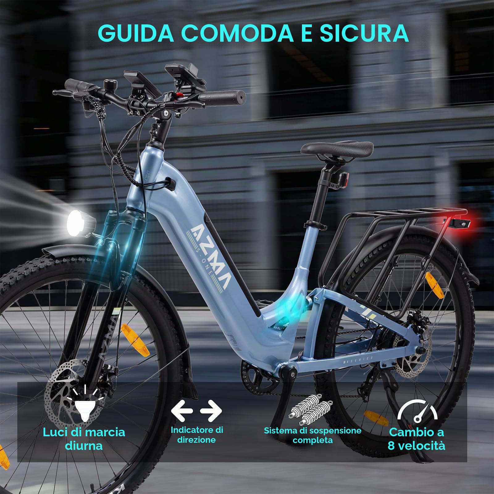 AZMA Bici Elettrica, 27.5"/29" Bici Elettrica Uomo Donna, 48V/36V Batteria Rimovibile, Autonomia Fino 100, 8 Velocità, Ebike da Per Pendolari Urbani e MTB (S1-blu)