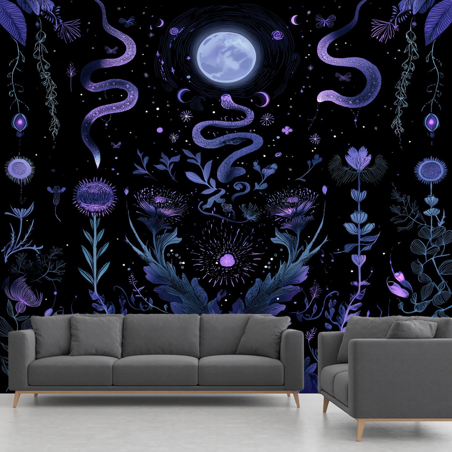 Papier Peint Intissé Serpent et Fleur Violette - Fresque Haut de Gamme Salon 250 x 352 cm